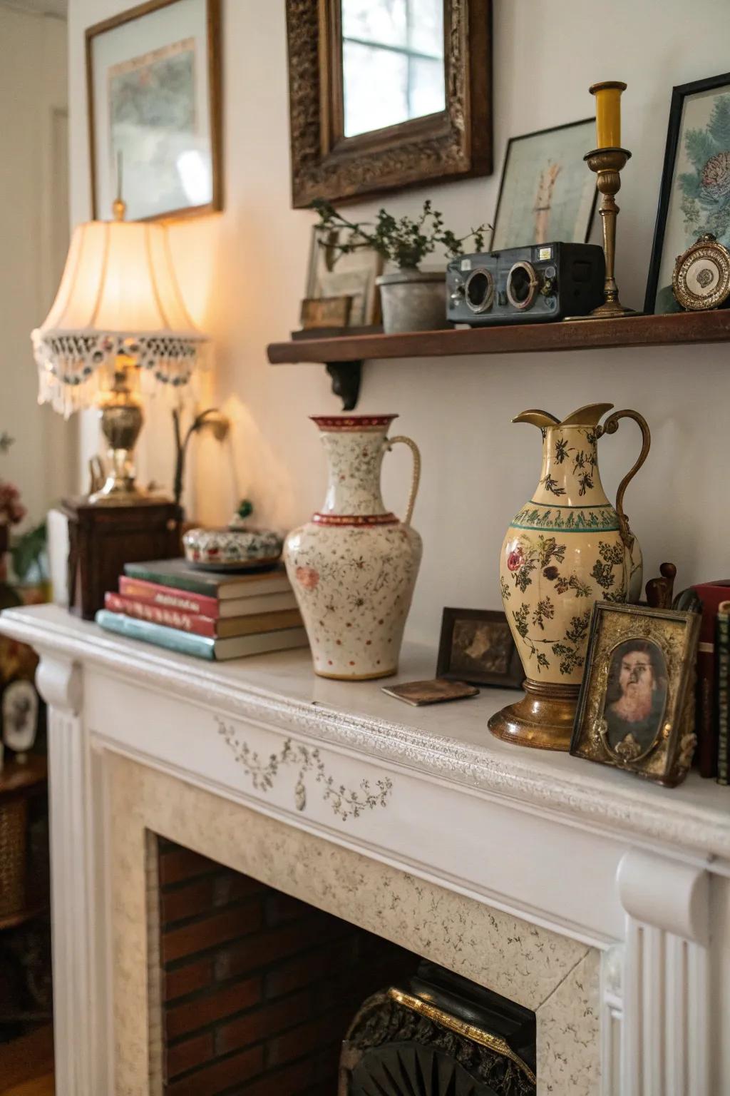 Vintage finds add character to the fireplace decor.