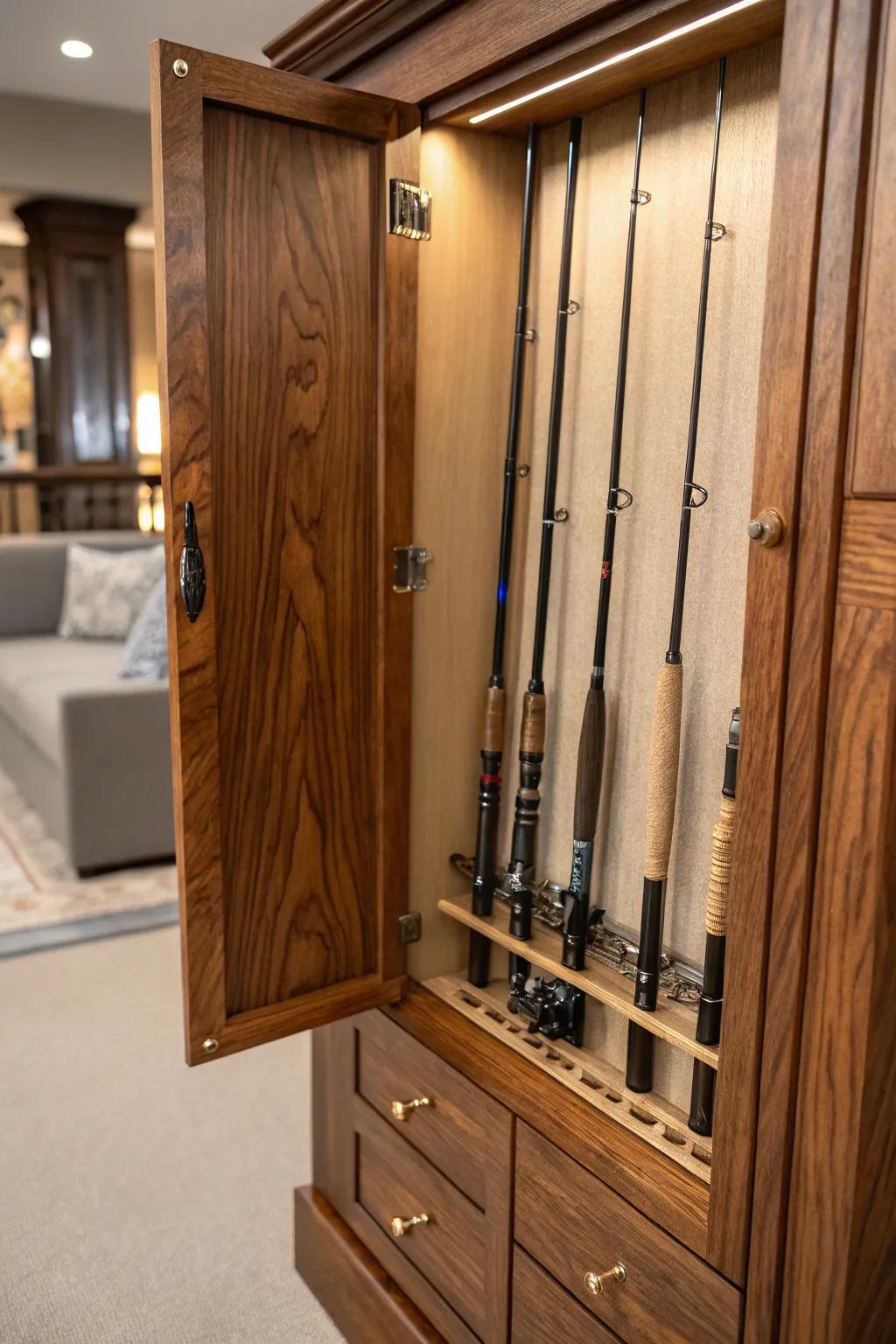 Elevate your fishing gear storage with a hidden cabinet that blends style and function.