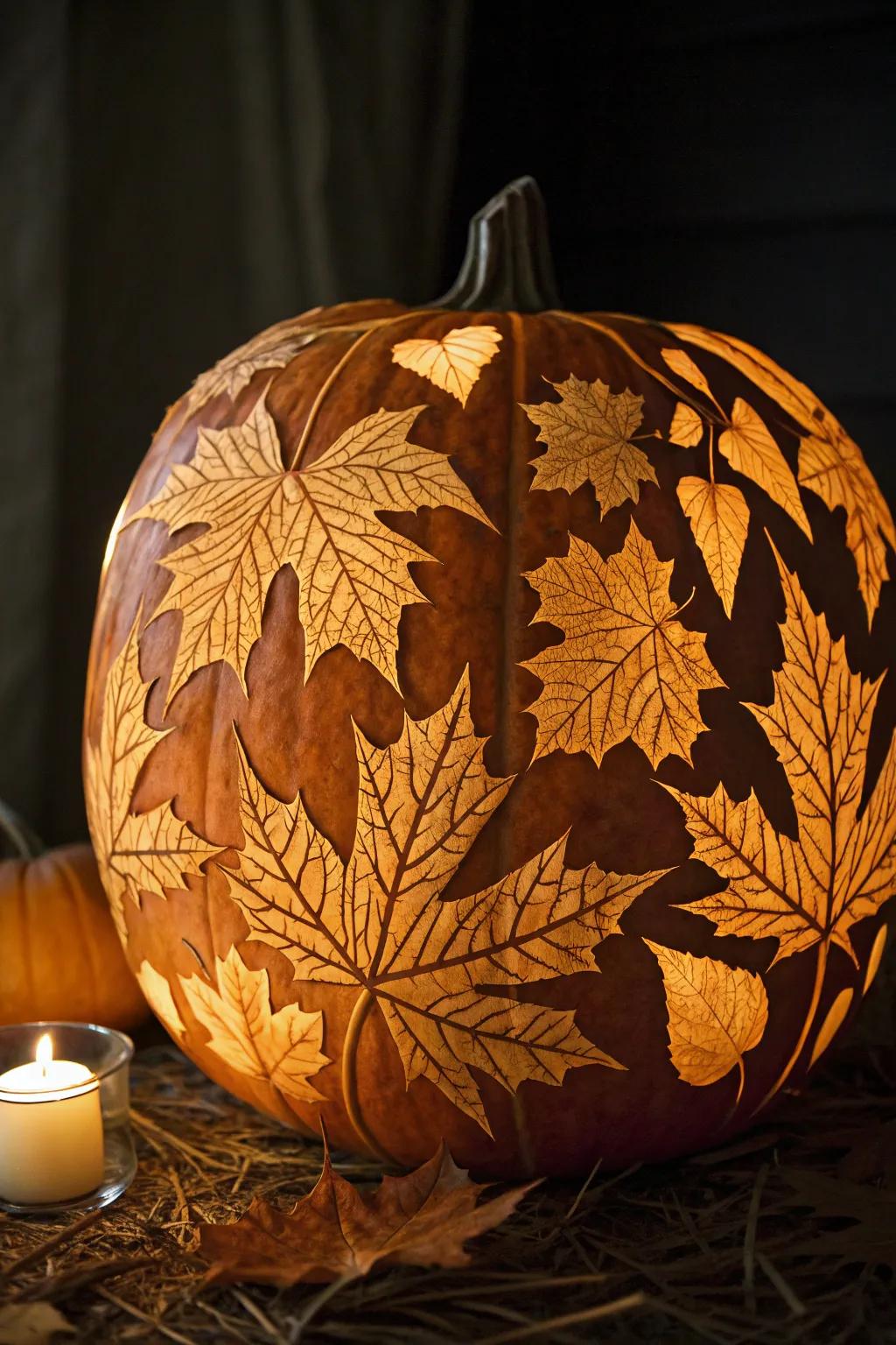 Illuminate your autumn nights with the timeless beauty of leaf-patterned pumpkin carvings.