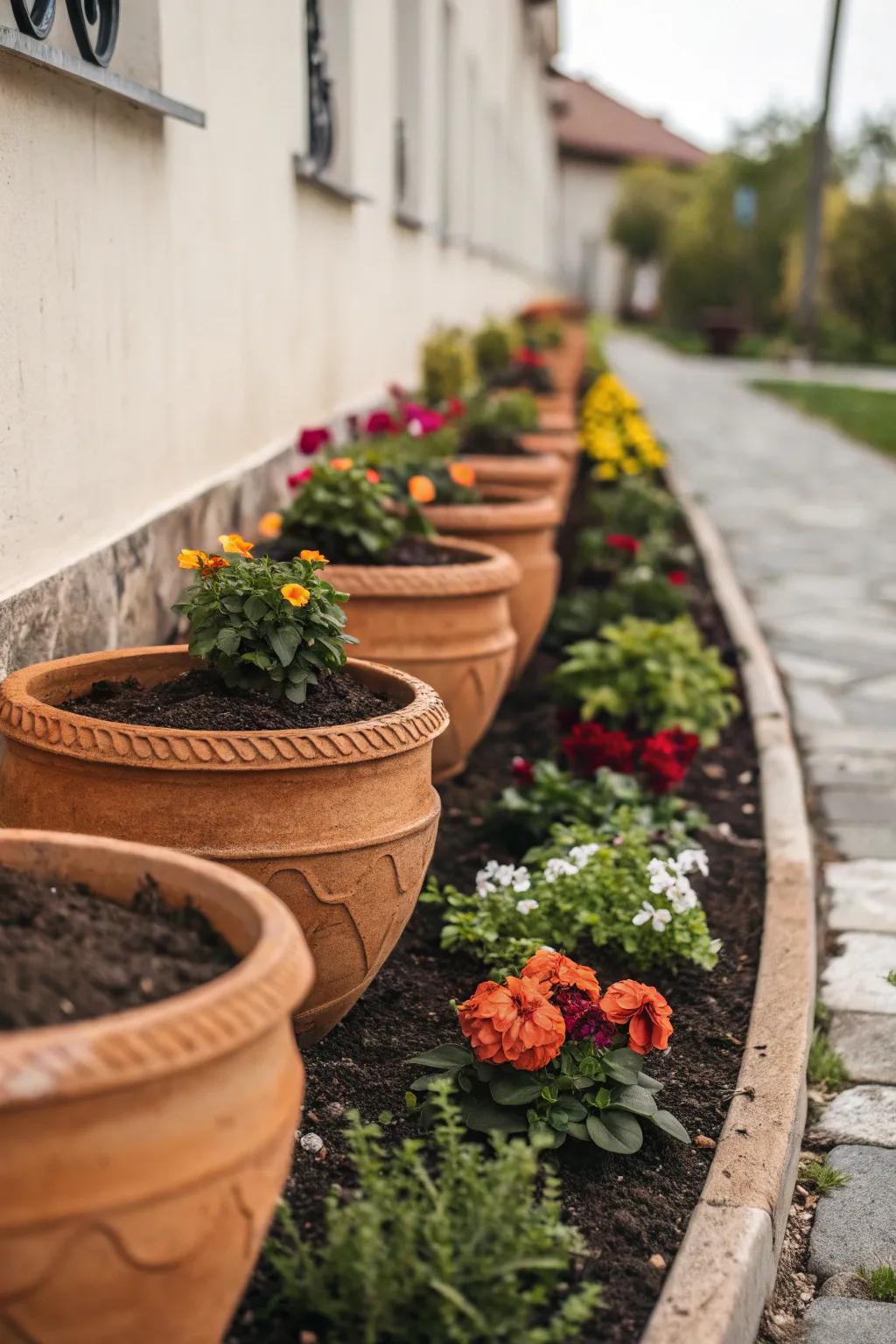 Transform your garden with a charming terracotta pot border for a touch of rustic elegance.