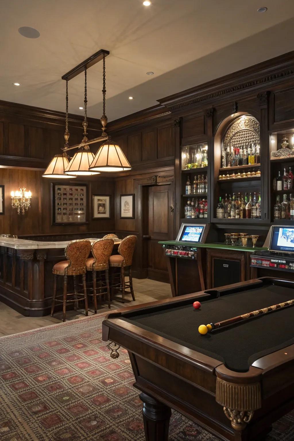 A vintage speakeasy vibe offers elegance and nostalgia in your game room.