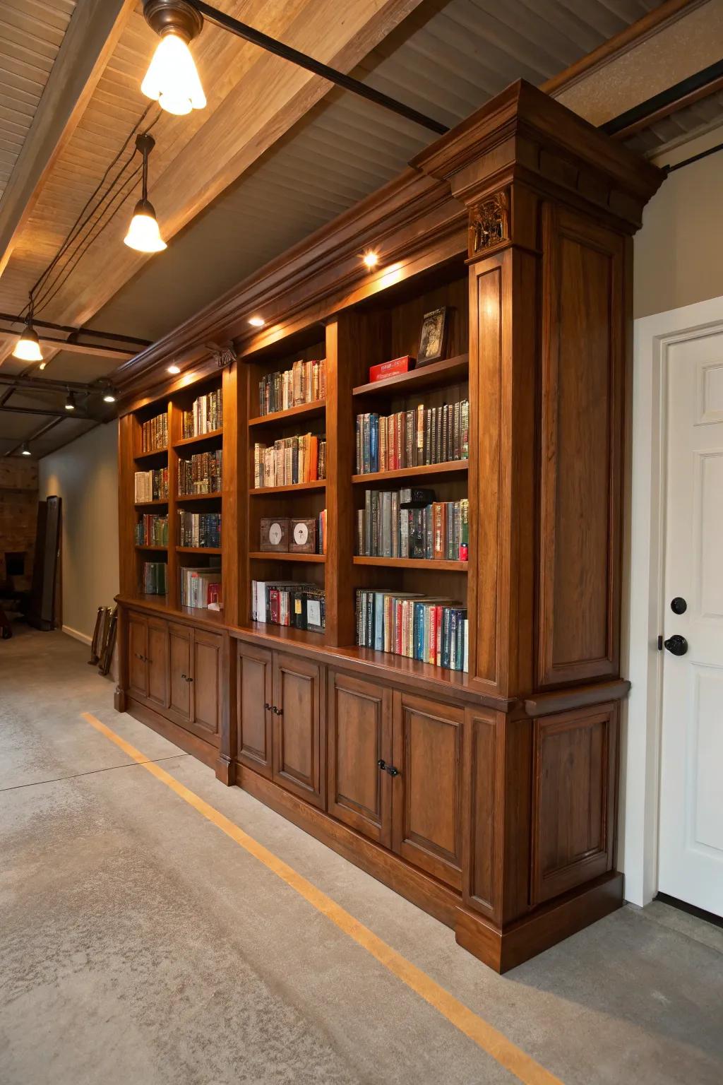Elevate your garage with a handcrafted library—where craftsmanship meets literary escape.