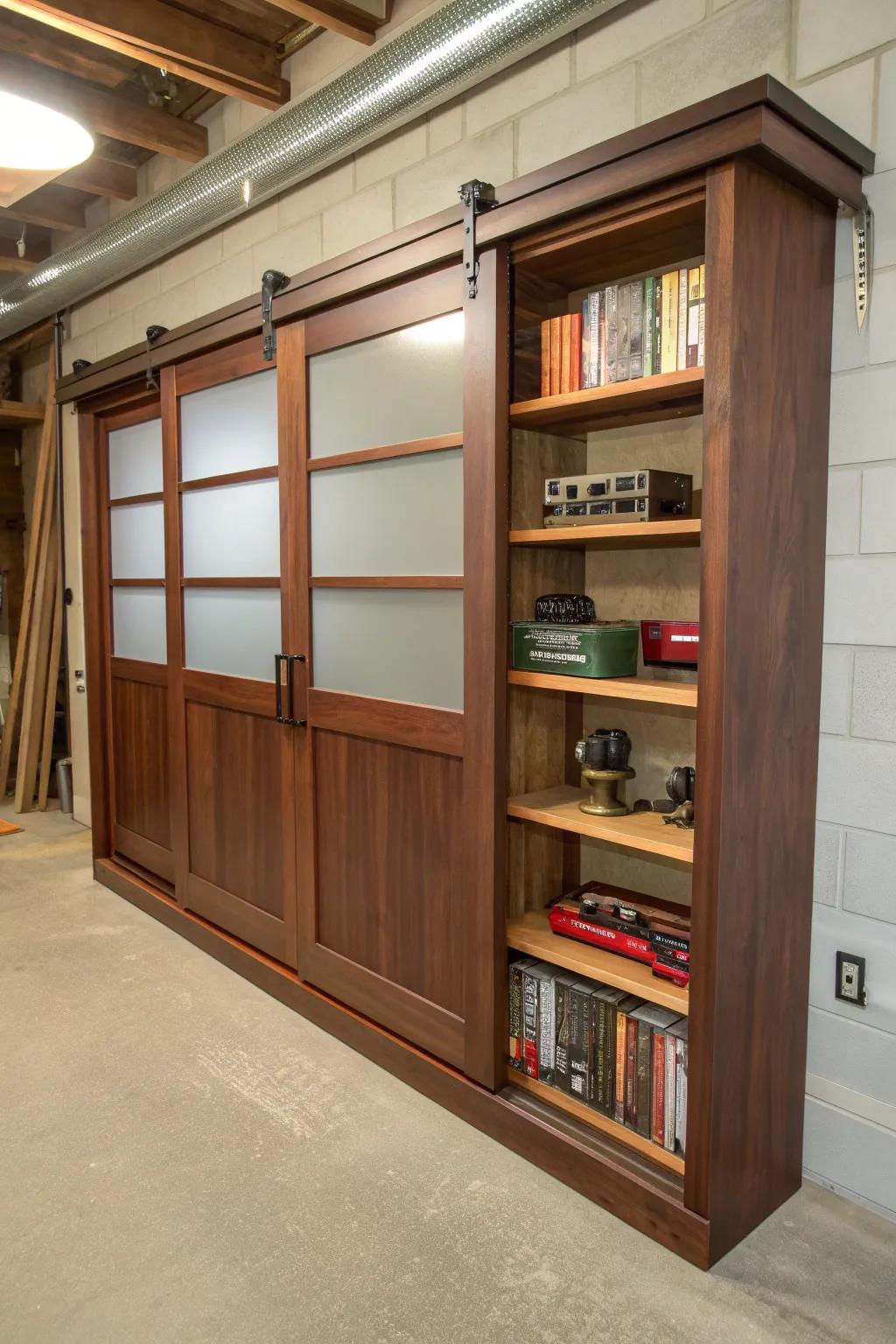 Elevate your garage with the elegance of sliding door shelves. A perfect blend of style and functionality.