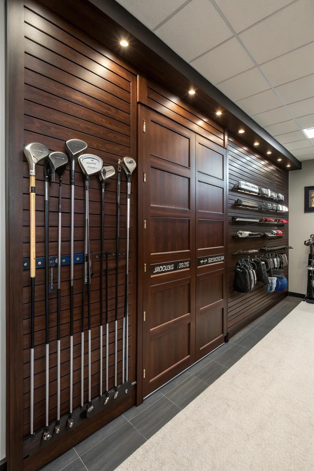 Elevate your golf game with a sophisticated garage slatwall setup that keeps your clubs ready for action.