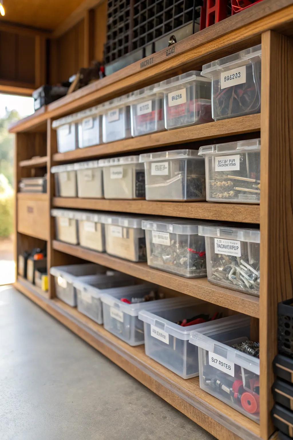 Elevate your garage organization with clear containers—see everything at a glance and keep your tools dust-free.