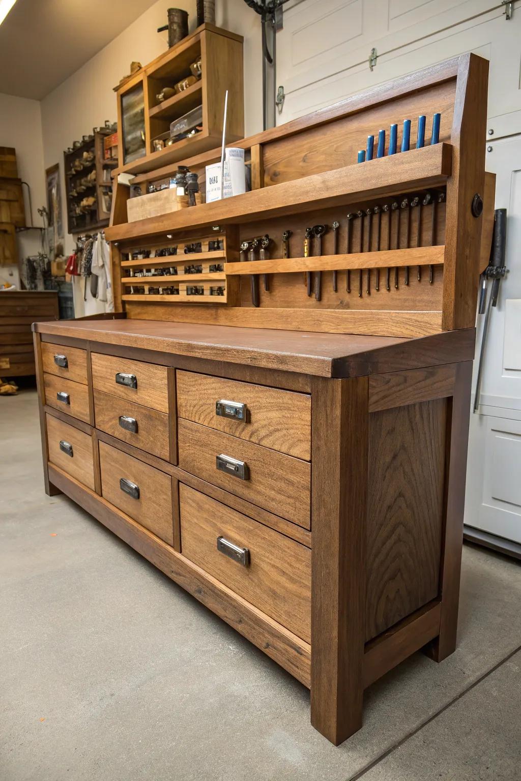 Elevate your garage with this expertly crafted storage bench, where organization meets artistry.
