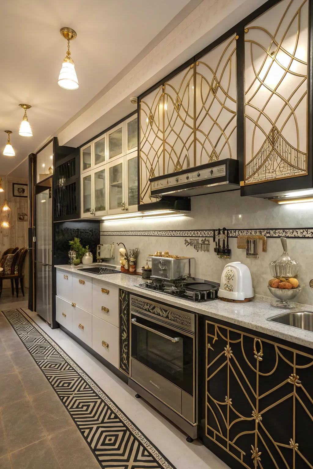 Art Deco influences bringing a vintage glam to the kitchen.