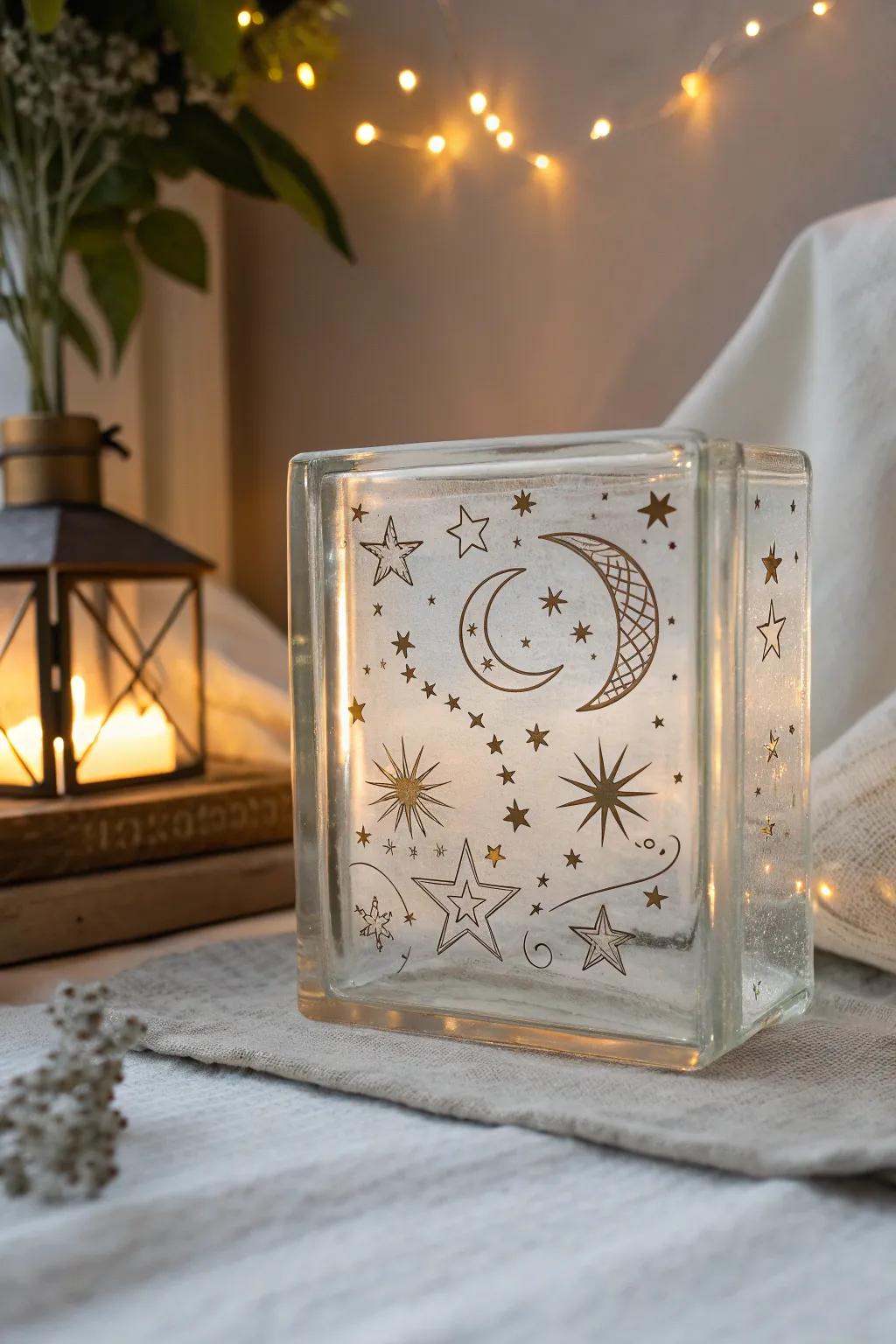 Embrace the night with celestial elegance: a dreamy glass block for your serene space.