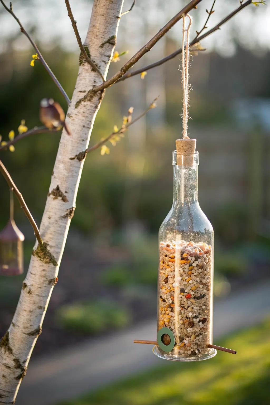 Transform your backyard with this elegant glass bottle bird feeder, where simplicity meets nature's beauty.