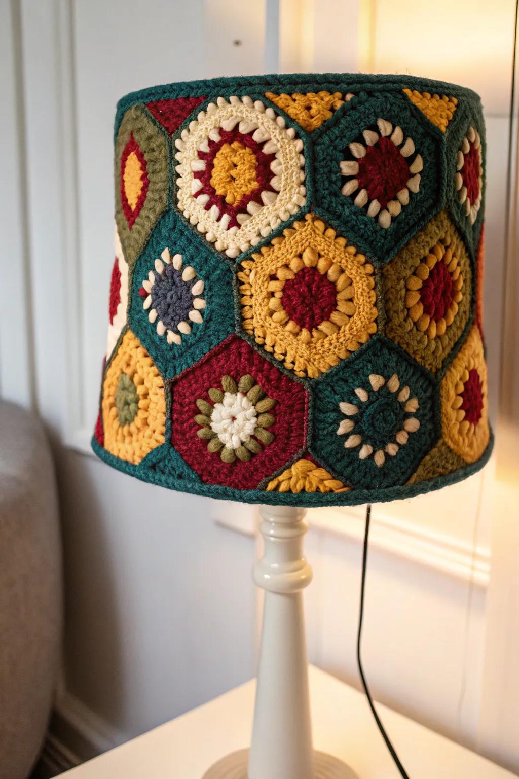 Illuminate your space with the charm of a Granny Square Lampshade—where vibrant colors meet minimalist elegance.