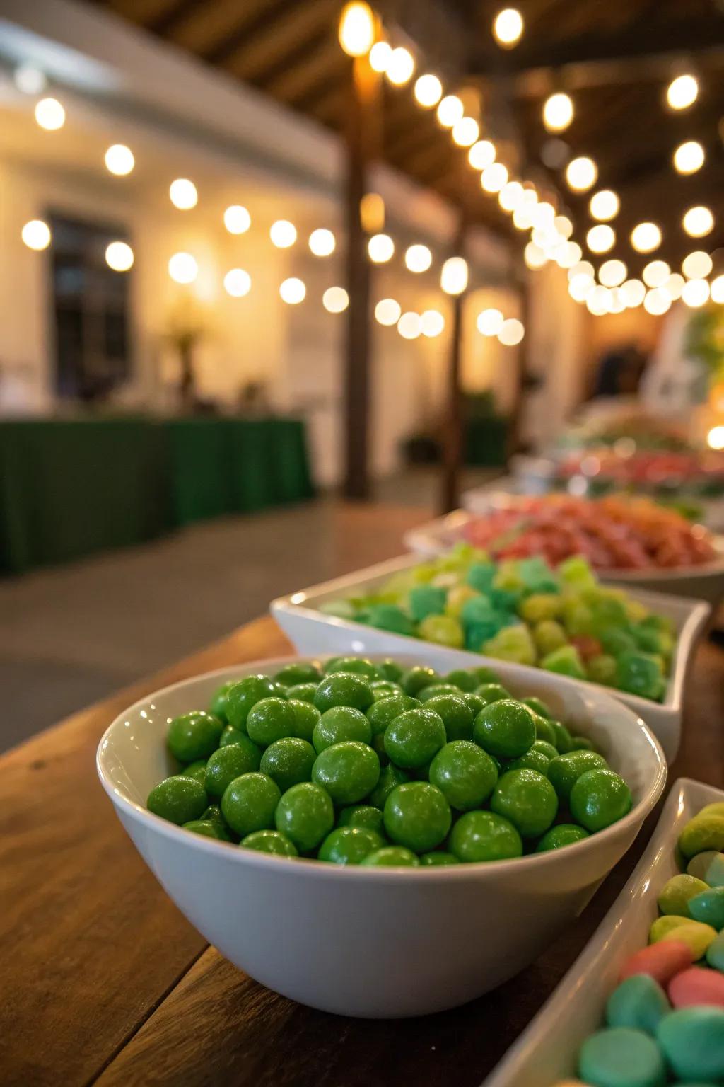 Soft lighting enhances the candy table's appeal.
