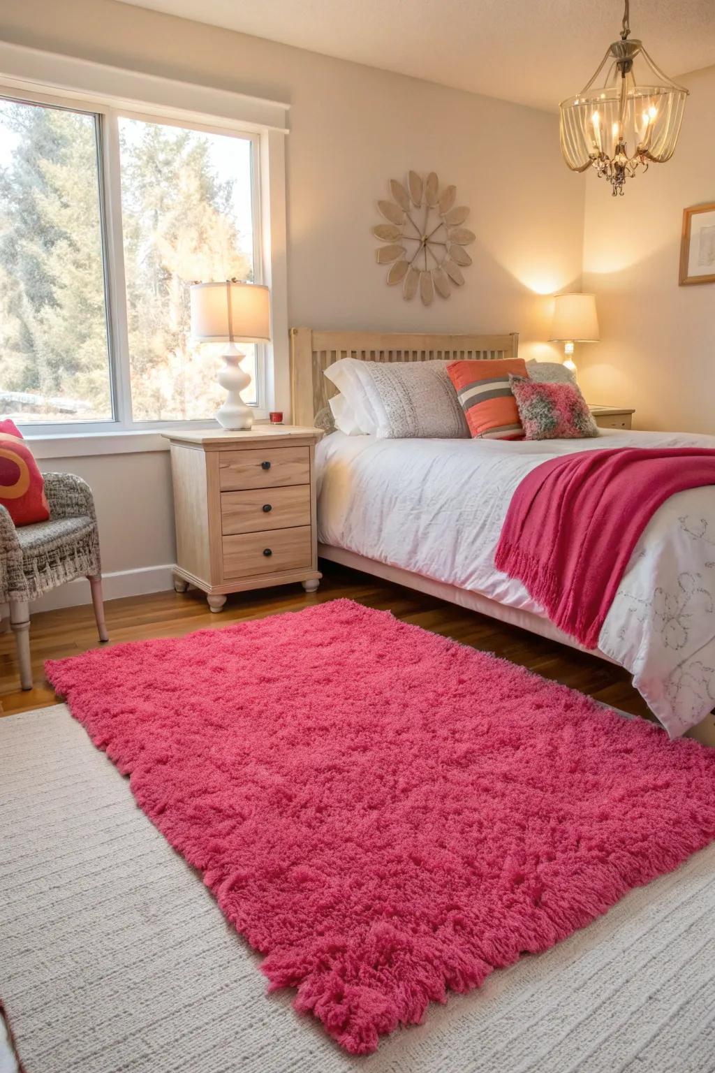 A statement rug anchors the room and ties the decor together.