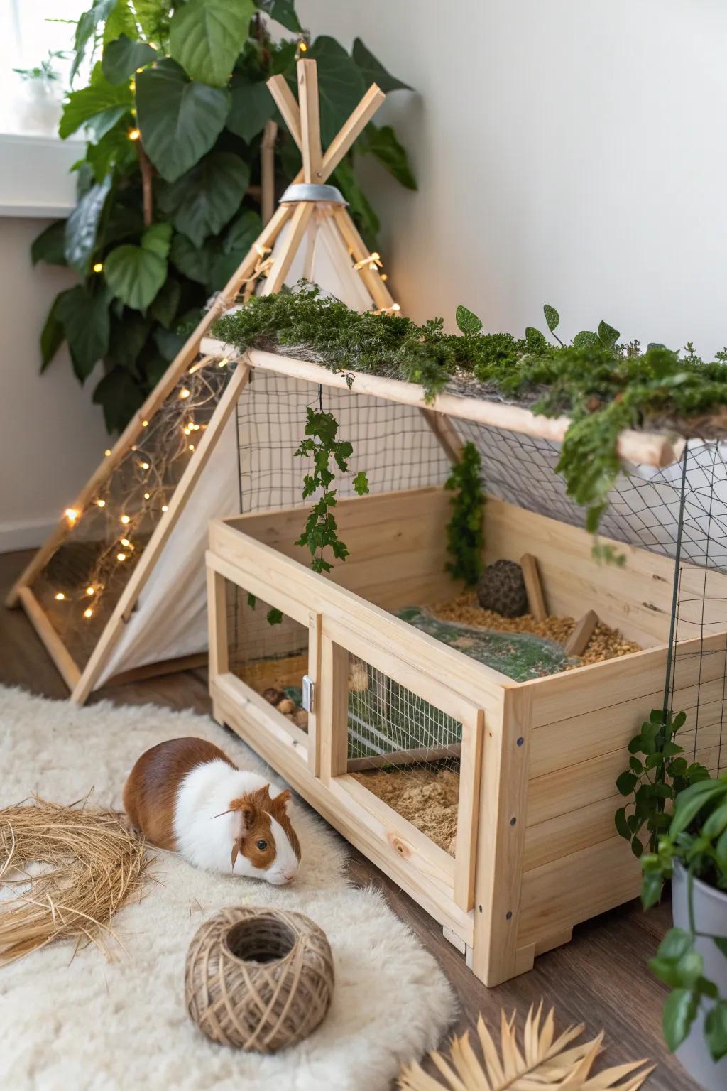 Transform your guinea pig's home into a cozy woodland retreat with minimalist flair and bold accents!
