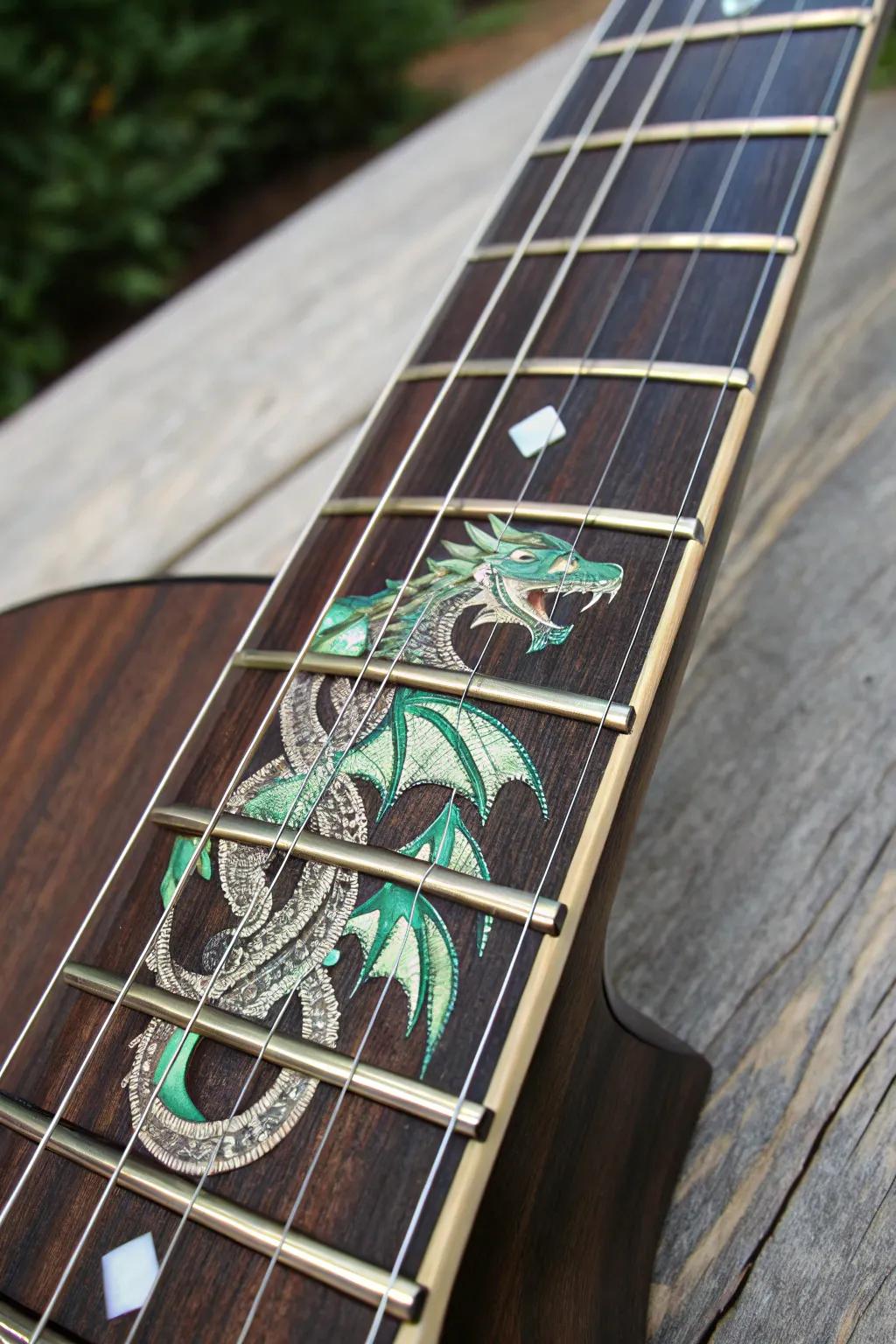 Unleash the fire within: a dragon inlay that brings your guitar to life.