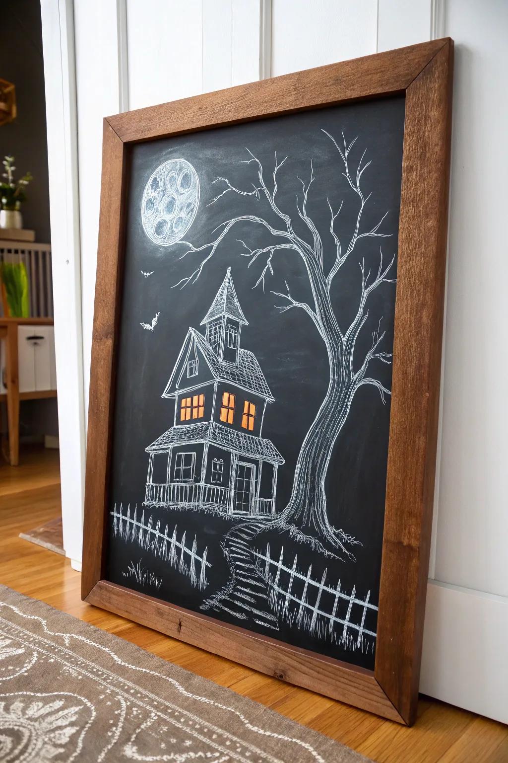 Add a touch of spooky elegance to your entryway with this minimalist haunted house chalkboard art.