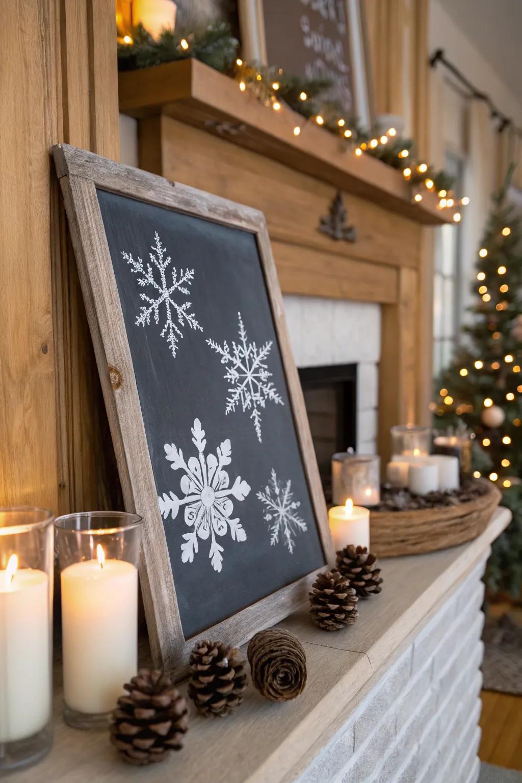 A seasonal touch with snowflakes on a winter birthday chalkboard.