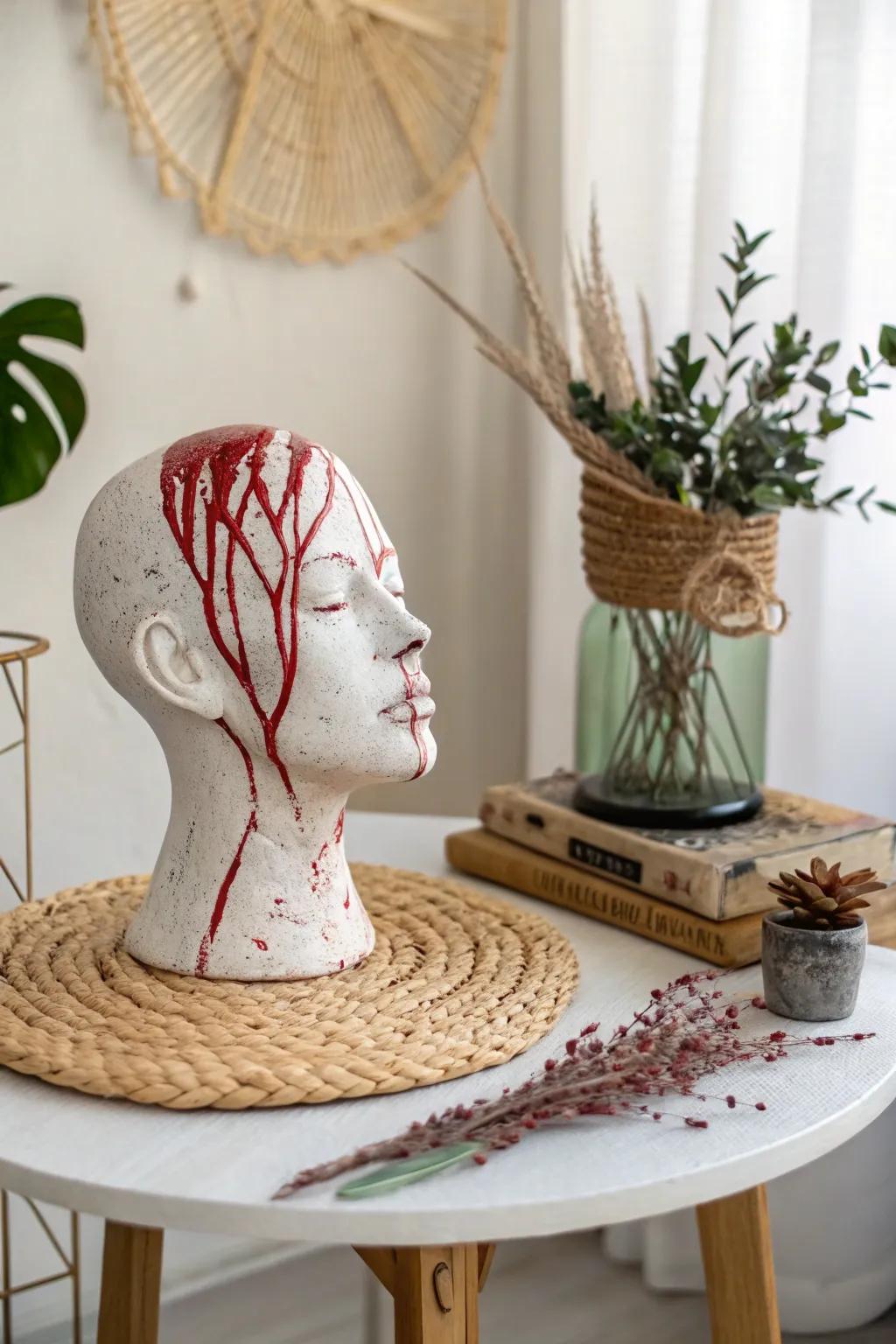 A touch of eerie elegance: Craftsmanship meets creativity in this stunning severed head prop.