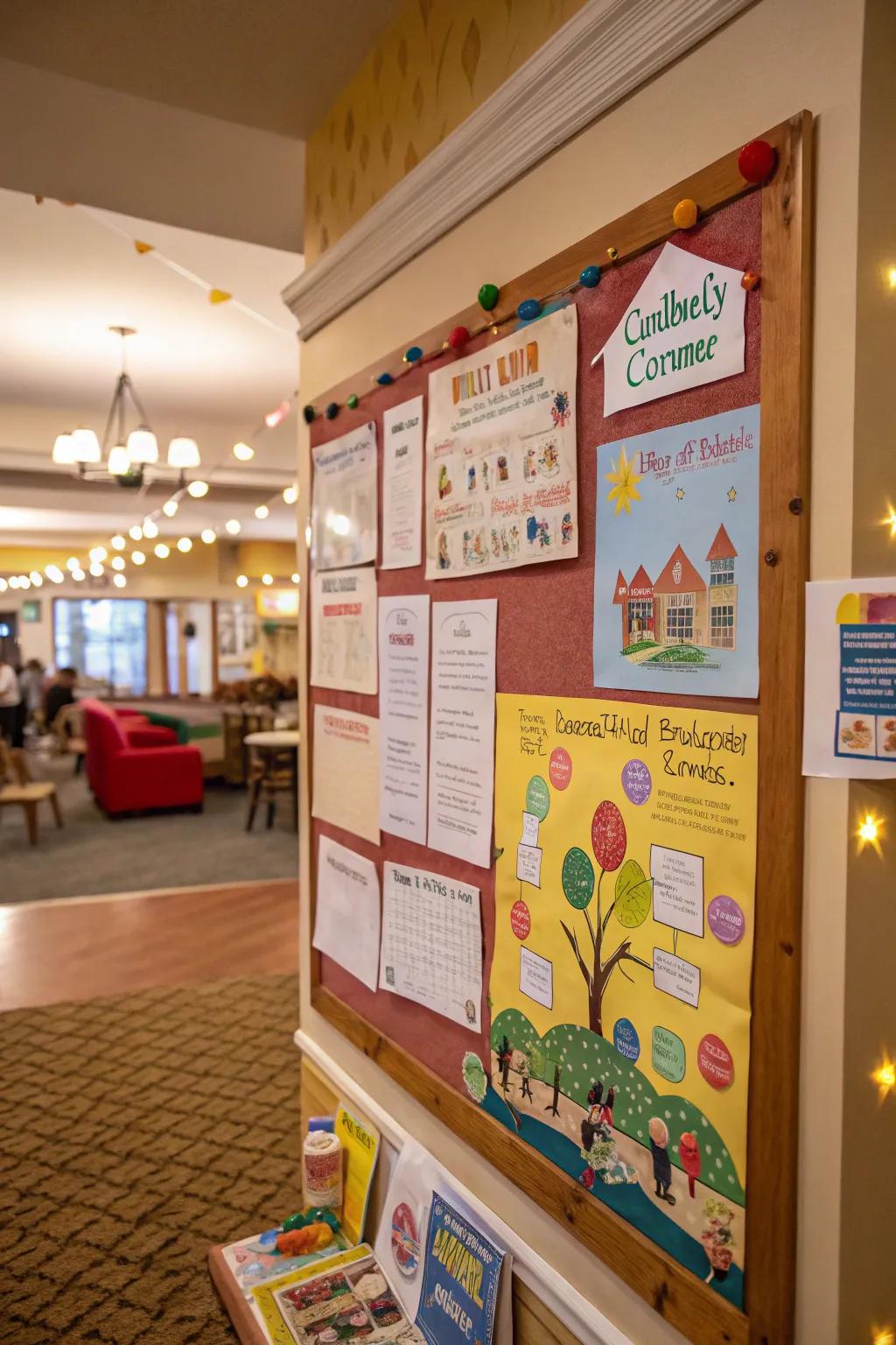 A kids' corner on the bulletin board engaging the youngest community members.