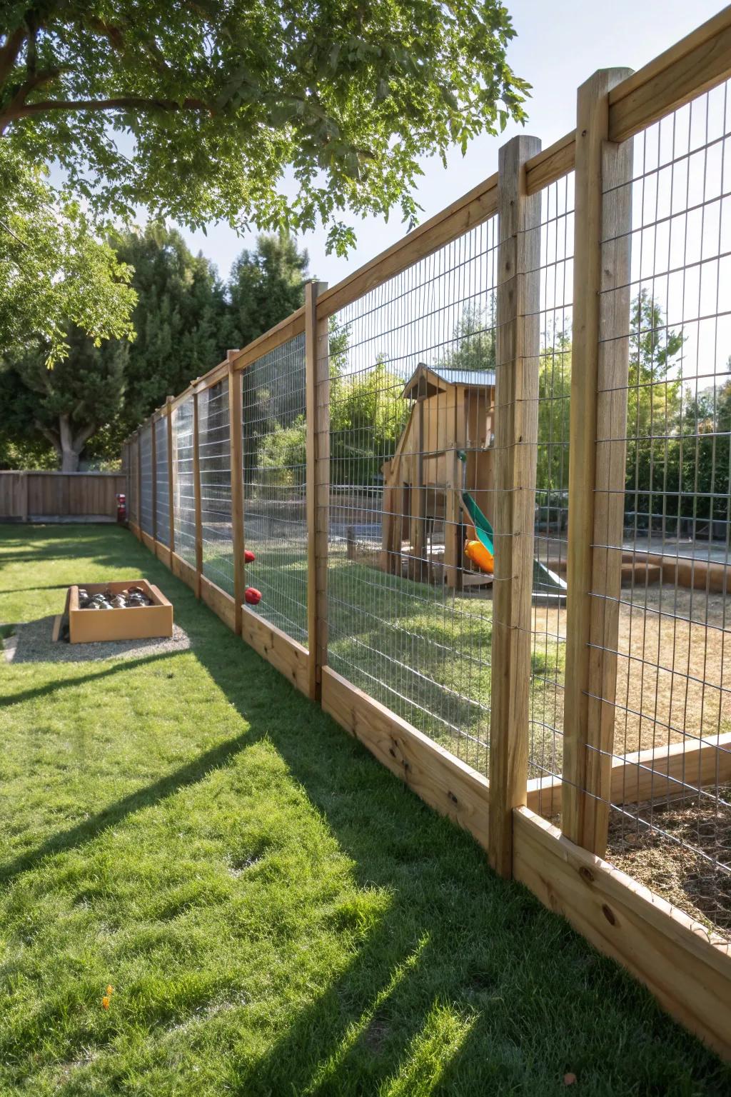 Secure and stylish: A hog wire fence turns a backyard into a child's playground with elegance.