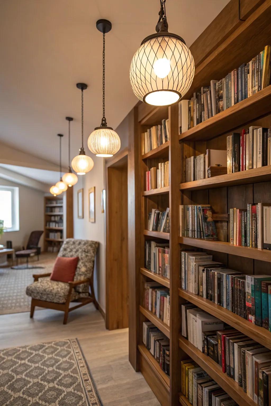 Add contemporary flair with stylish pendant lights in your library.