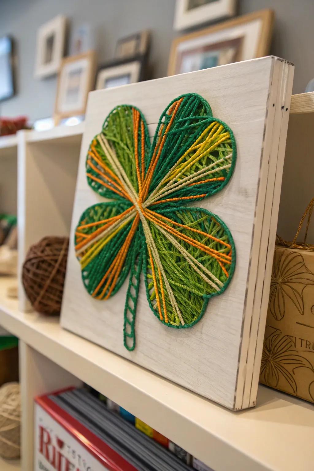 A colorful yarn-wrapped shamrock sign cozies up the decor.