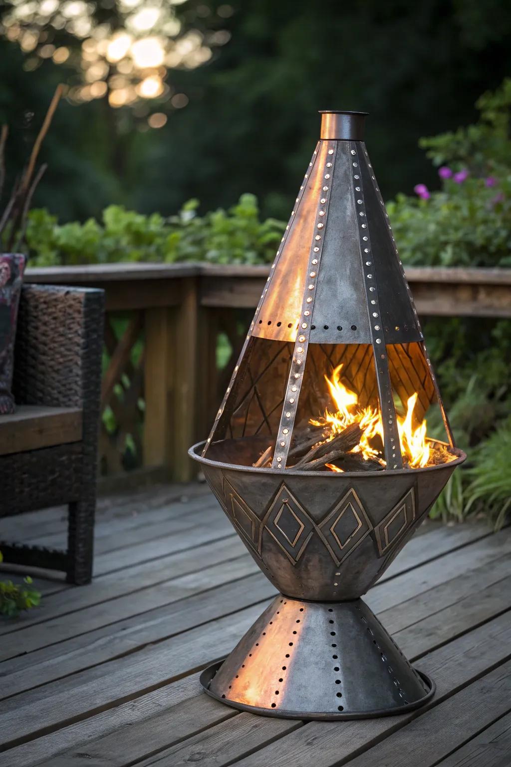 Elevate your outdoor space with a handcrafted cone-shaped metal fire pit that combines art with warmth.