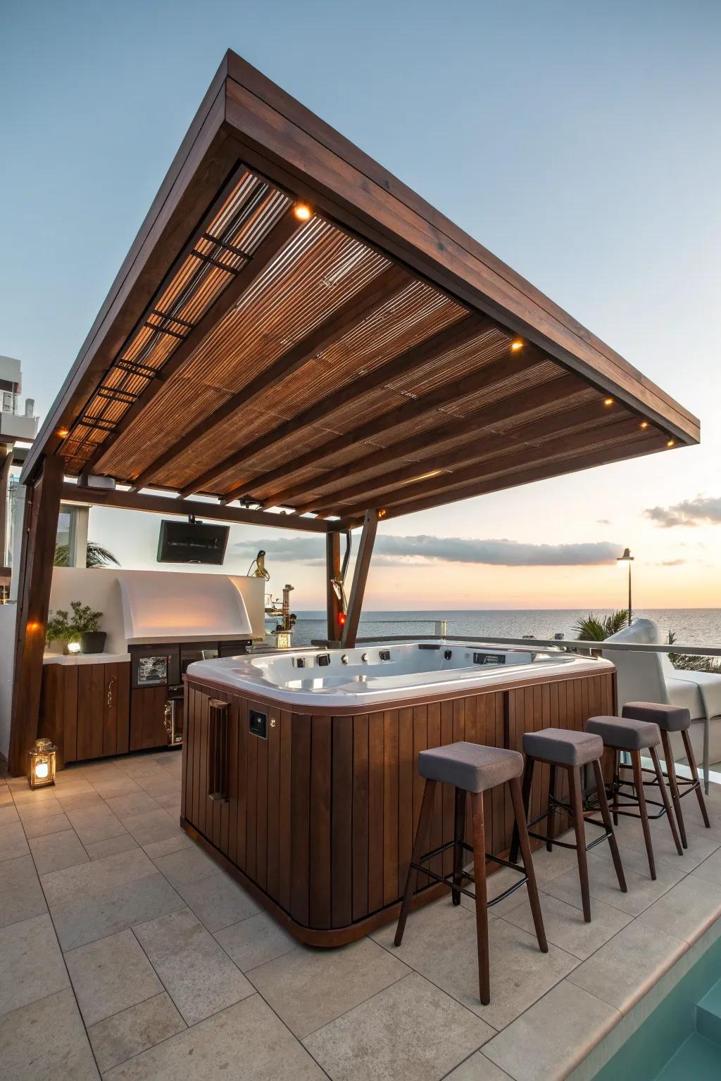 Elevate your outdoor experience with a retractable canopy that combines style and functionality. 🌅🍹
