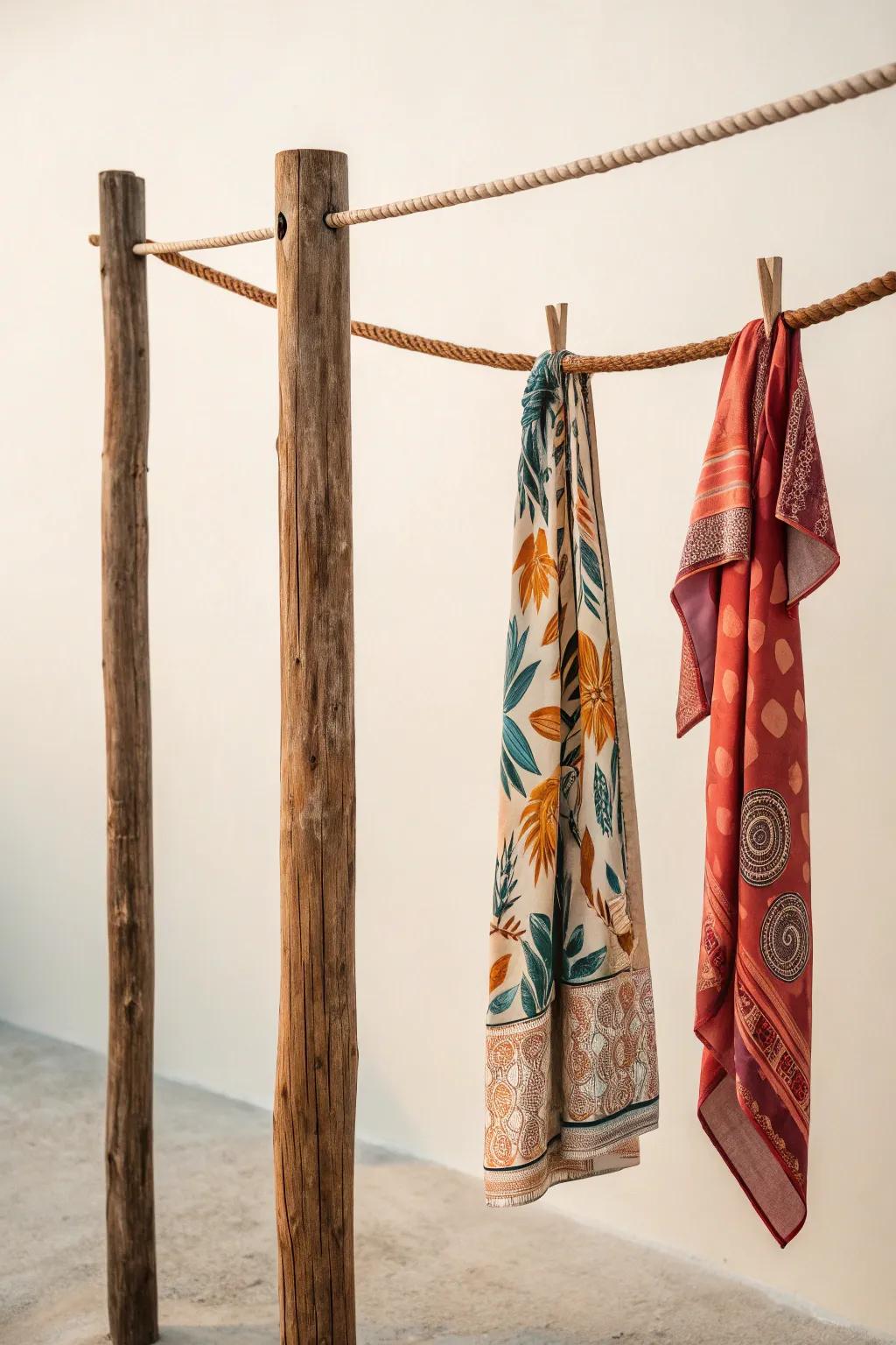Elevate your garage sale with a touch of Boho charm: hang clothes on a simple rope line for a striking and flexible display.