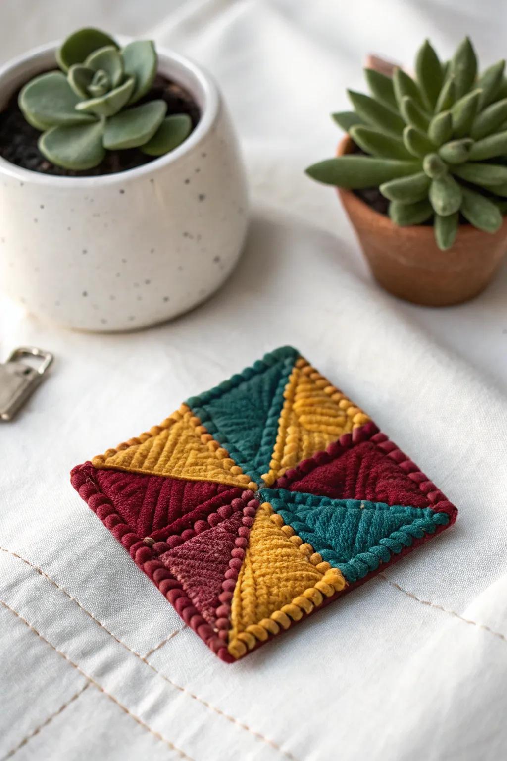 Wear a touch of cozy elegance with this quilted brooch, a perfect blend of bold colors and artisan charm.