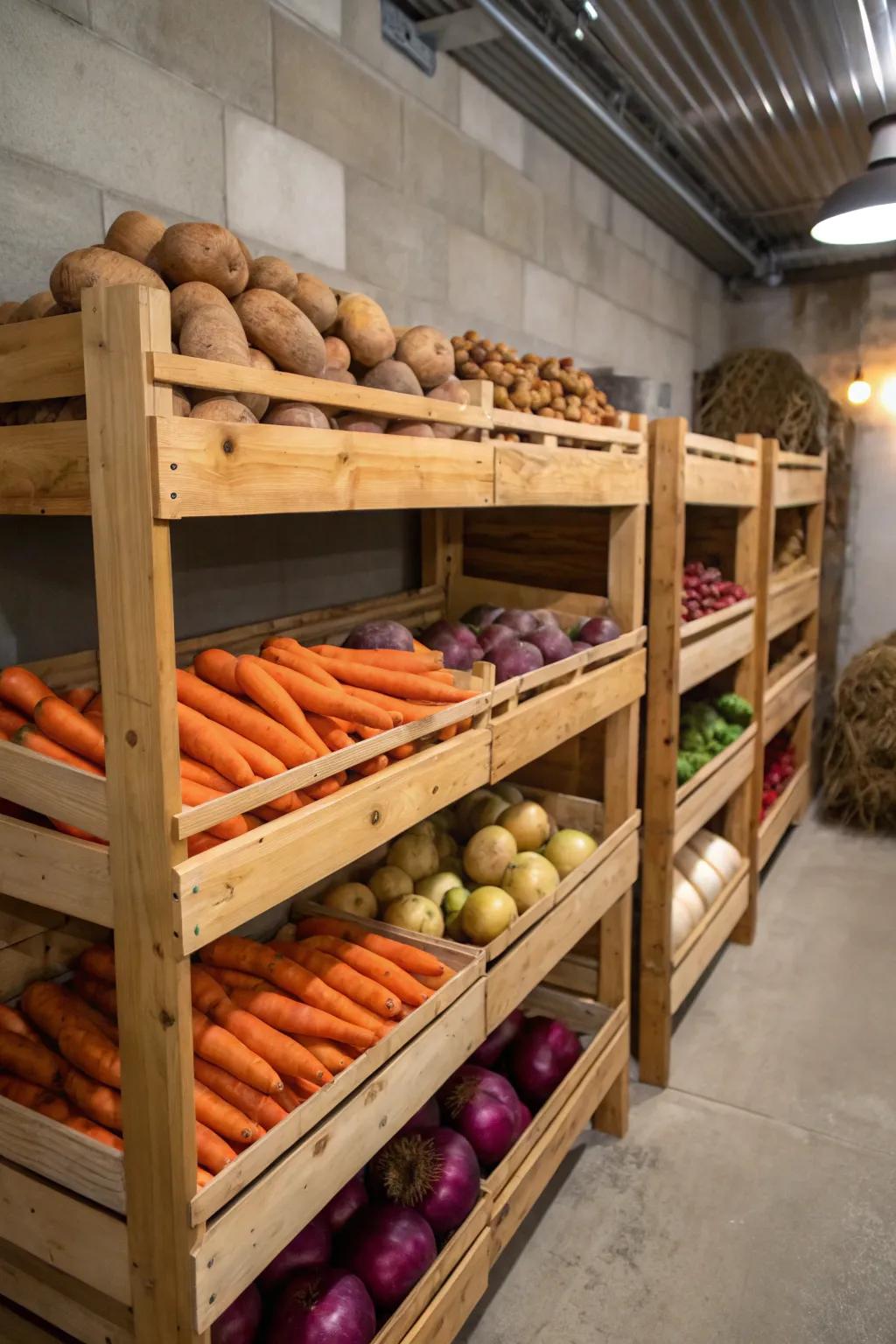 Basement shelves providing ample storage space for root vegetables, keeping them organized and fresh.