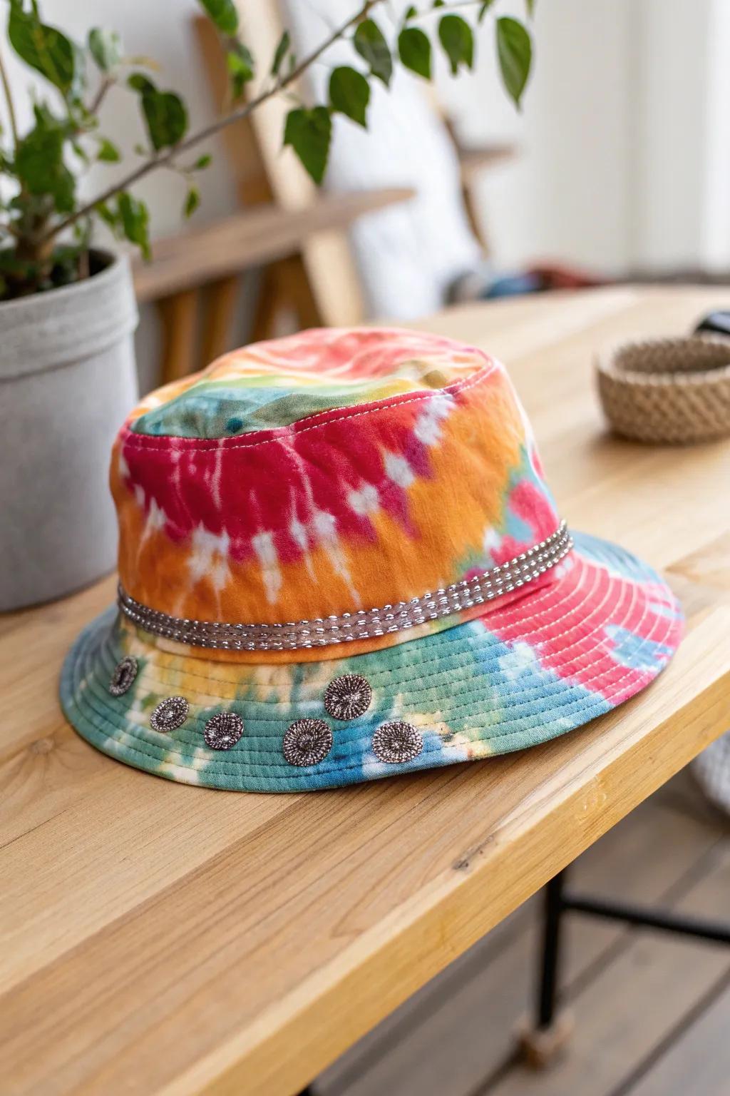 Elevate your look with a handcrafted tie-dye hat, shimmering with metallic accents for a touch of night-time glamour.