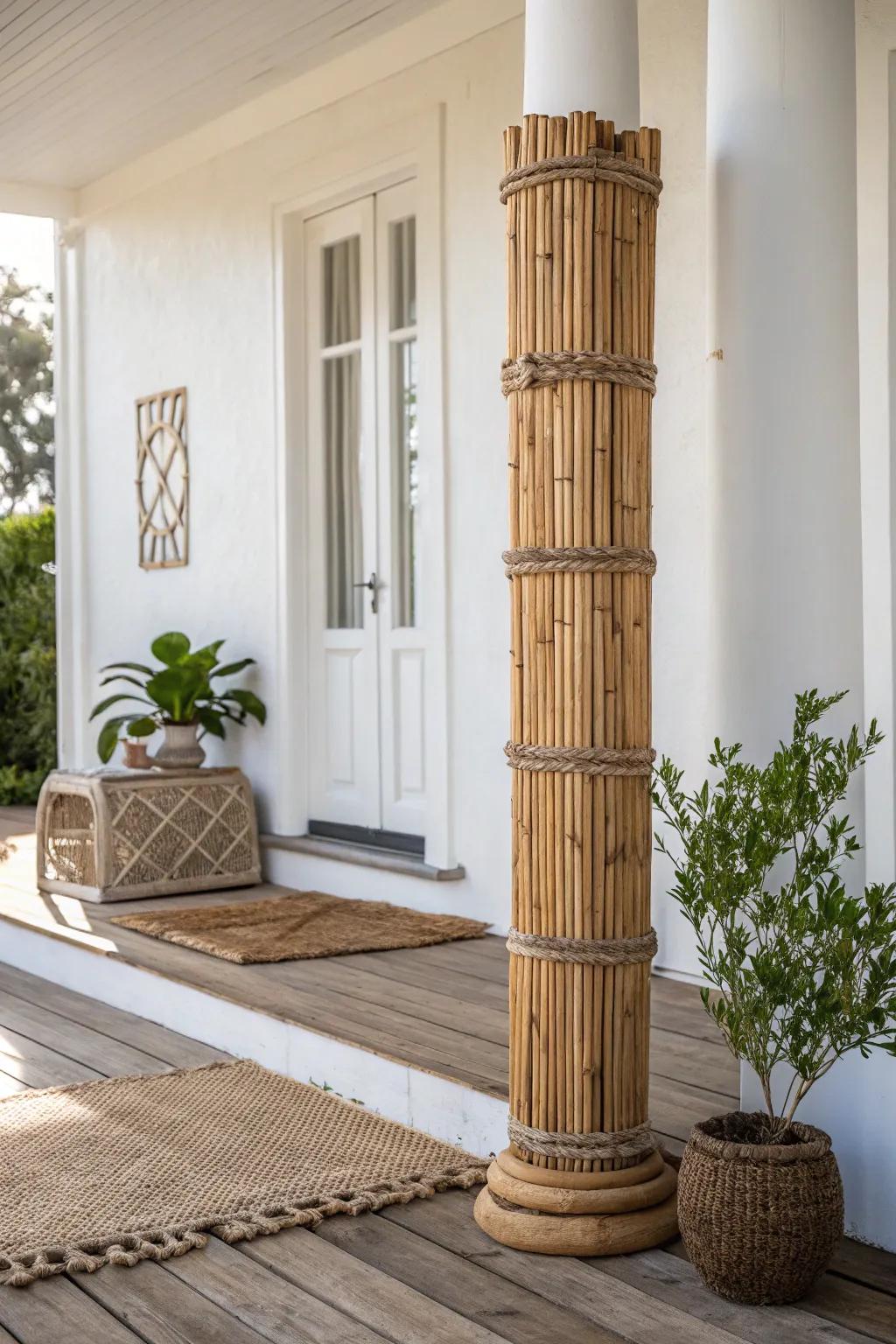 Transform your porch into a tranquil retreat with the natural beauty of bamboo-wrapped columns.