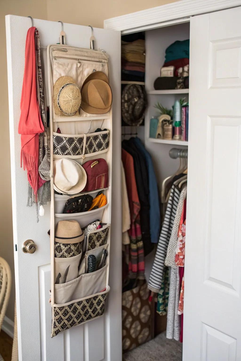 Over-the-door organizers utilize space efficiently for small items.