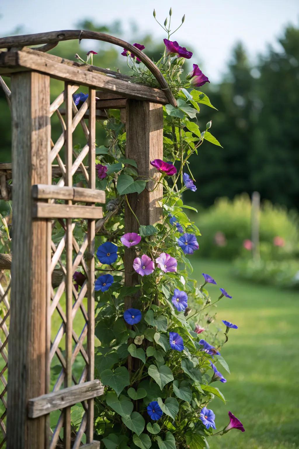 Elevate your garden's privacy with the timeless beauty of a trellis adorned with morning glories.