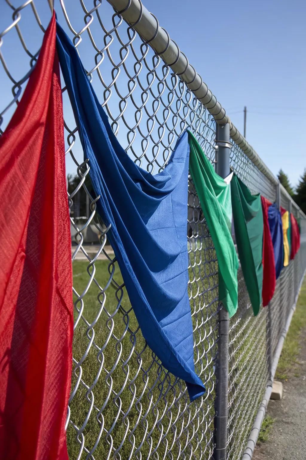 Transform your fence into a canvas with colorful curtains for a touch of artistic flair.