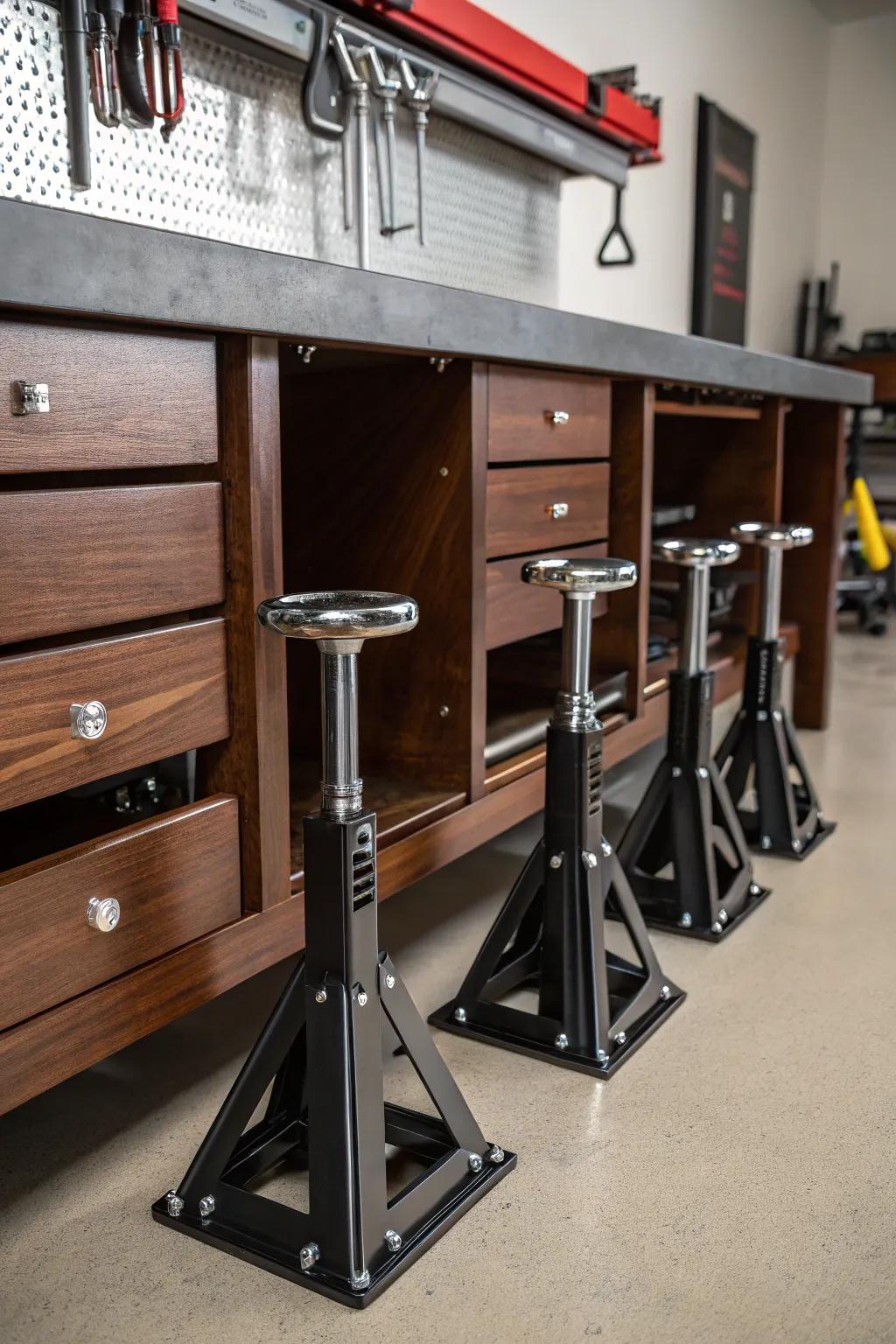 Elevate your garage organization with under-bench hooks for jack stands, merging style and practicality.