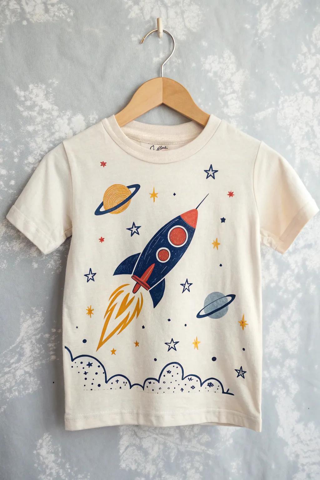 Blast off into style with this charming space-themed T-shirt for your little adventurer!
