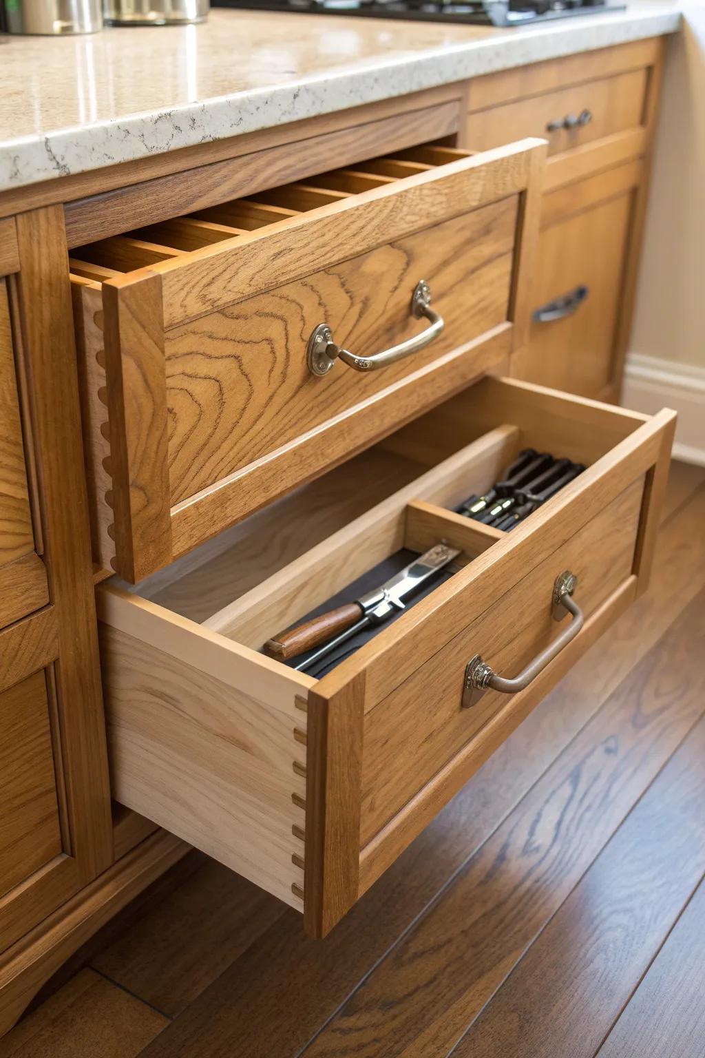 Elevate your space with expertly crafted pull-out drawers, perfect for seamless organization and easy access.