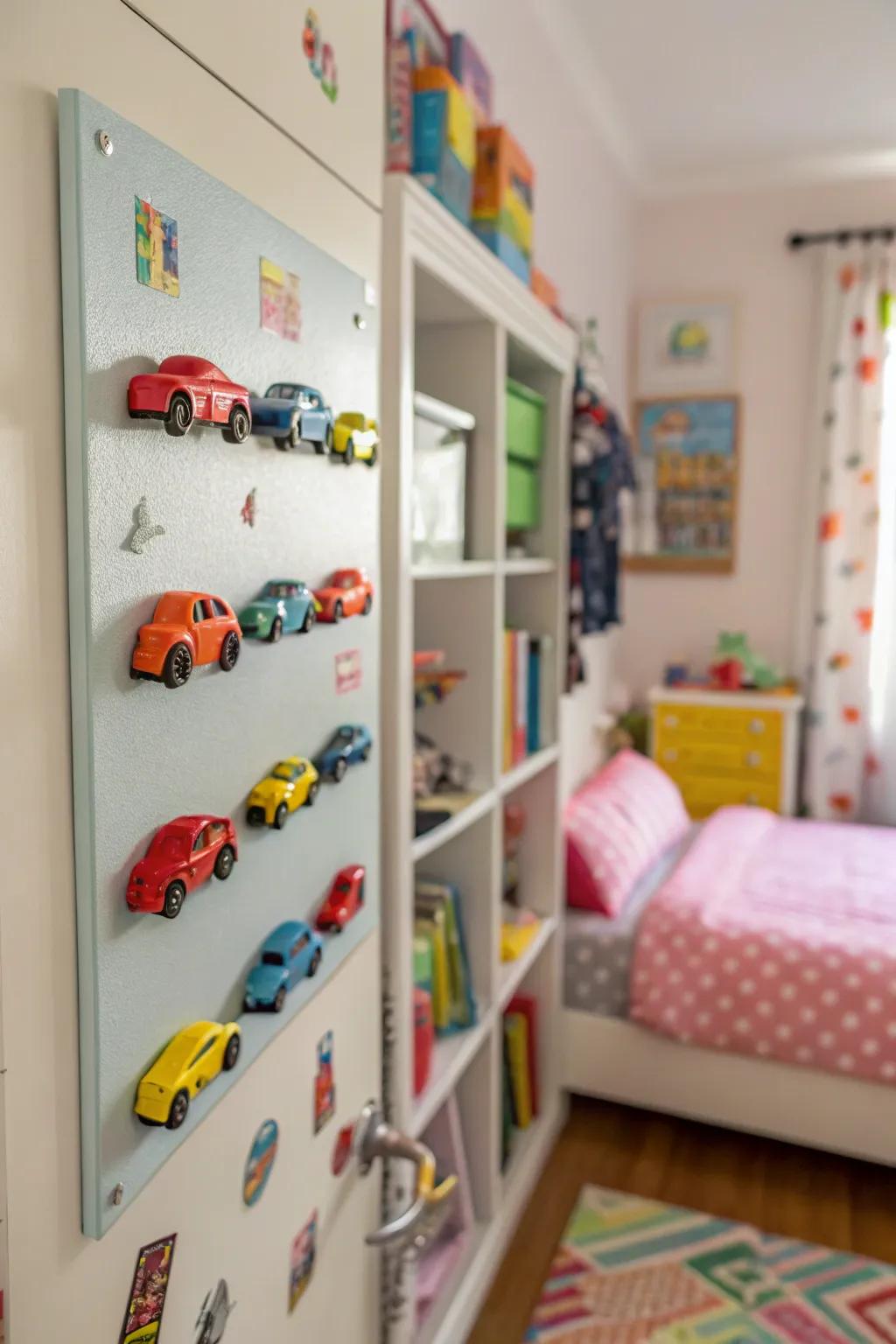 Magnetic walls turn storage into playful art.