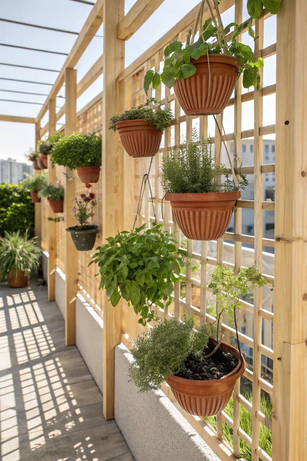 Transform your space with hanging planters on a lattice screen—where style meets functionality.