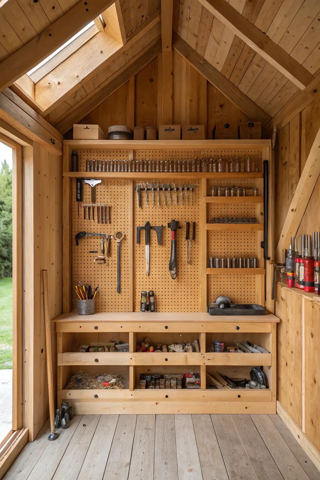 Transform your shed into a Tool Organization Haven with handcrafted shelves and pegboards for ultimate efficiency.