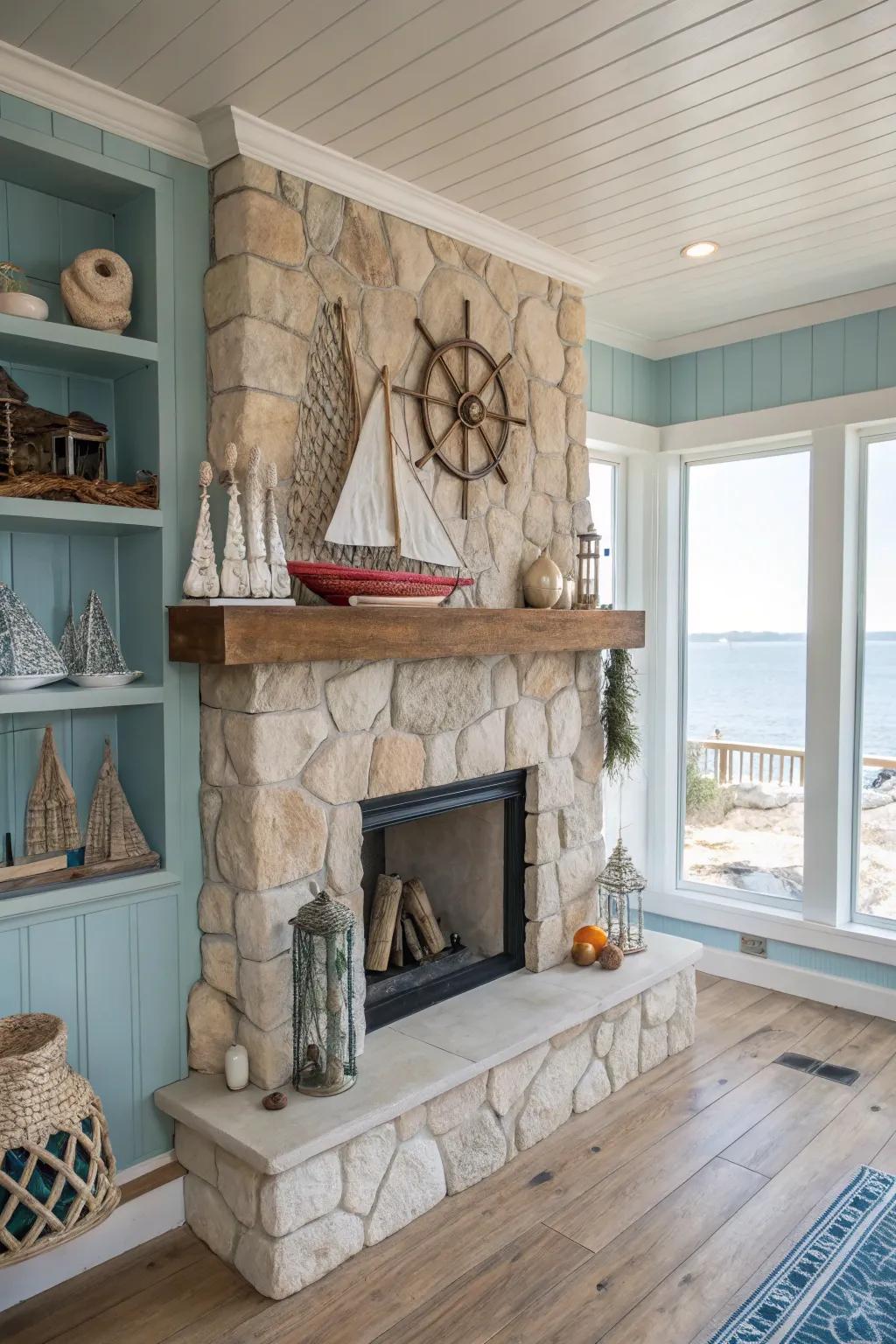 Coastal vibes bring a fresh look to a light stone fireplace.
