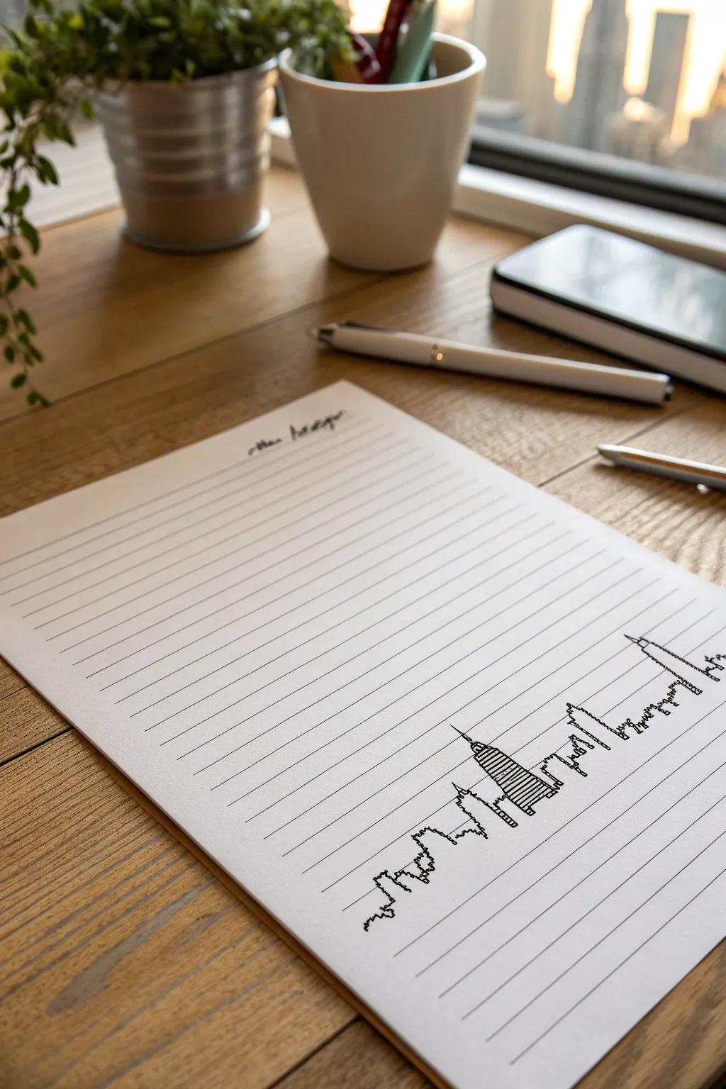 Capture your favorite city in minimalist style with a skyline silhouette on lined paper. Bold, simple, and beautiful.