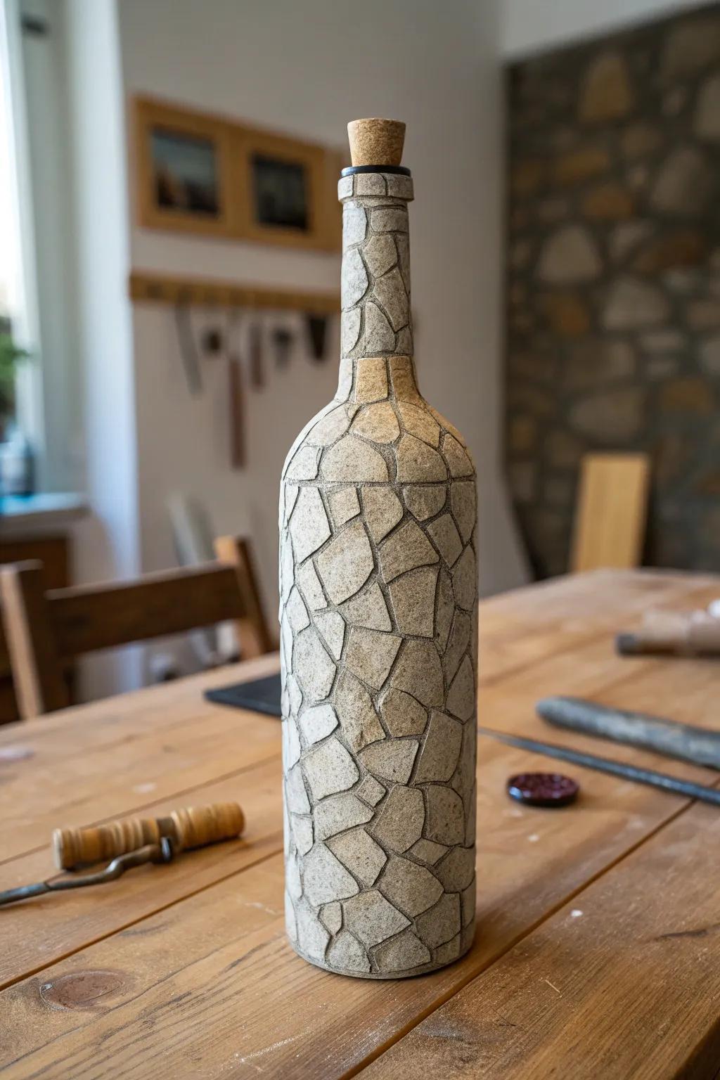 Elevate your decor with rustic elegance: transform bottles with stone-textured paint.