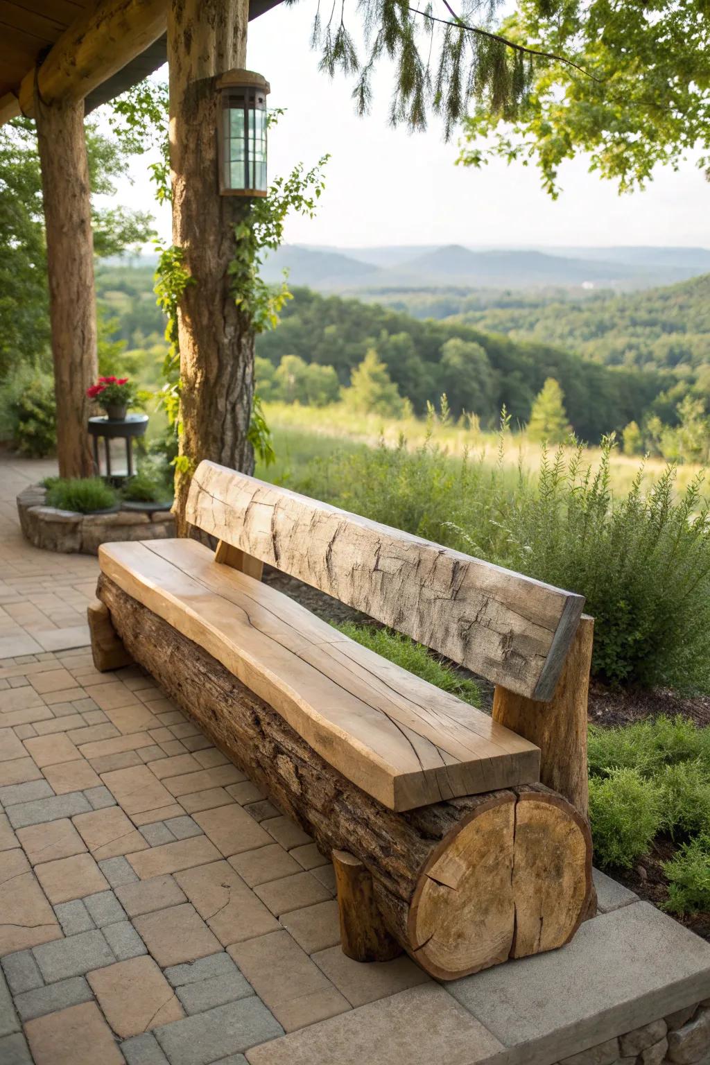 Elevate your outdoor space with an eco-friendly log bench made from reclaimed wood.