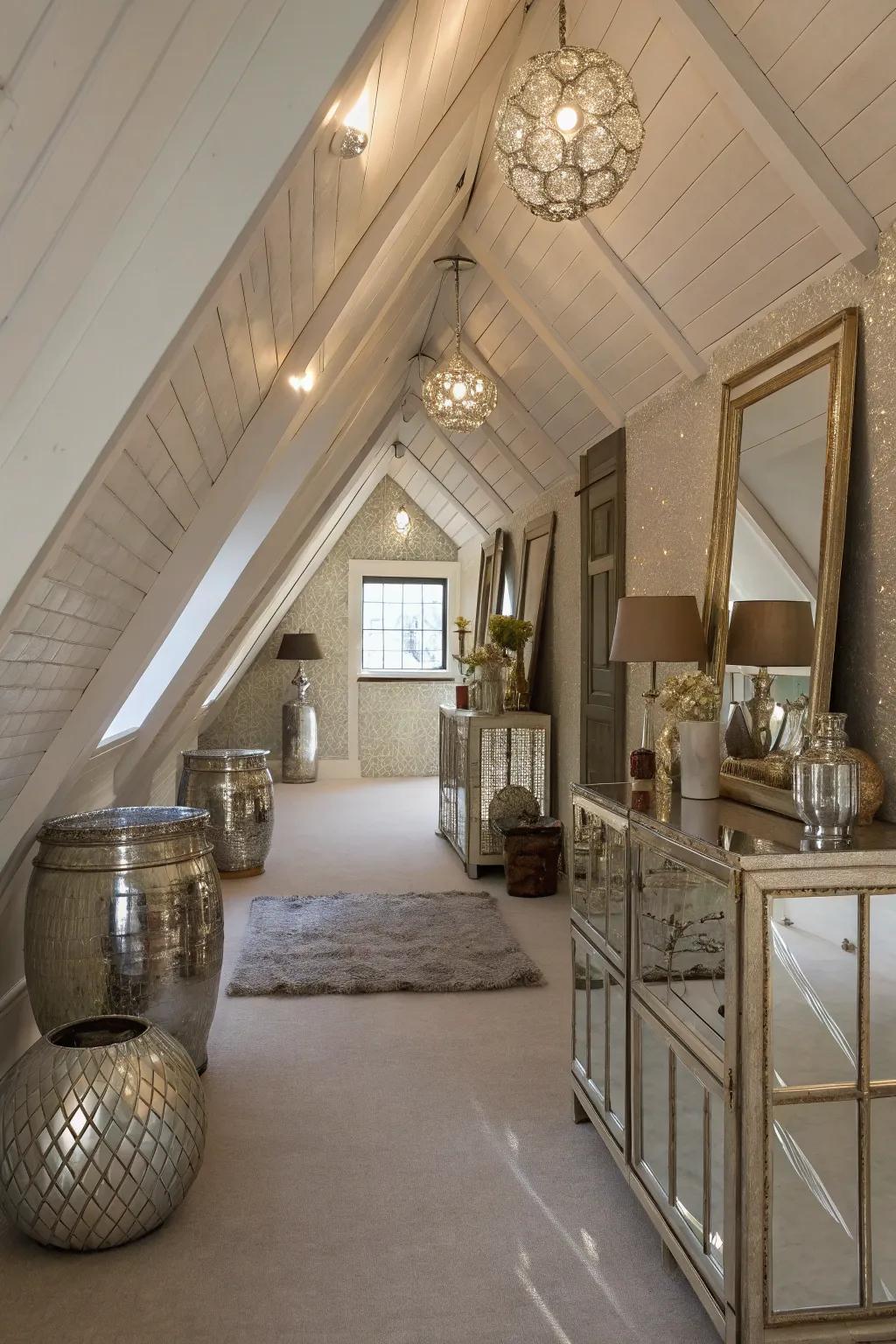 Reflective surfaces maximize light and space in attic rooms.