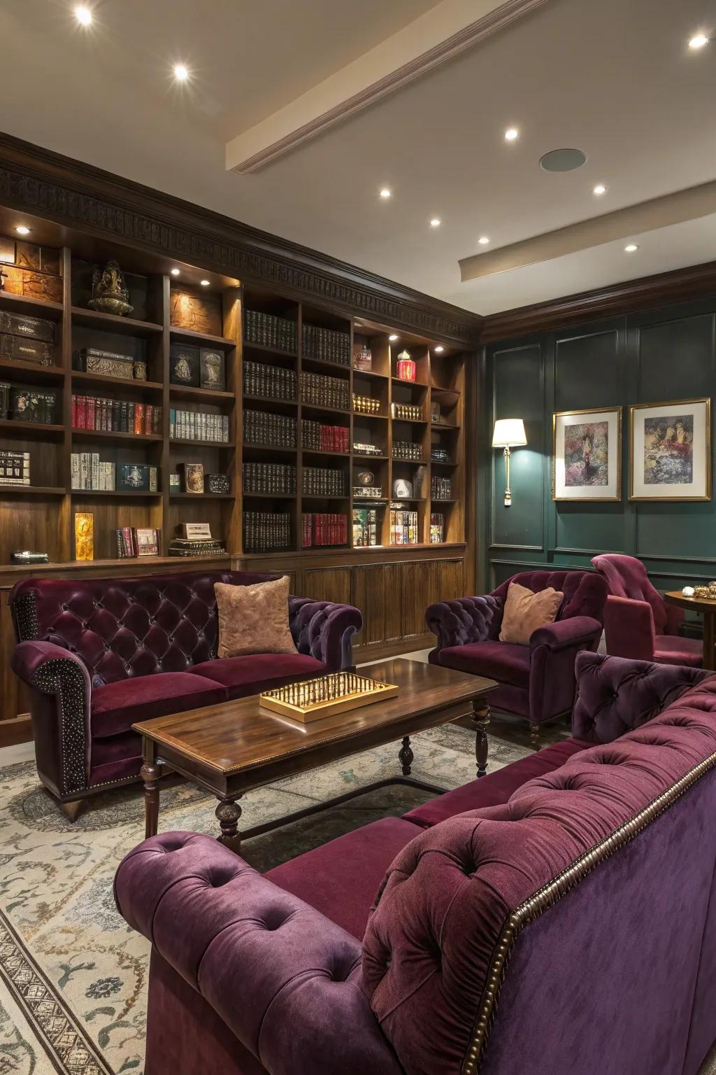 Luxurious textiles enhancing the comfort and elegance of a game room.