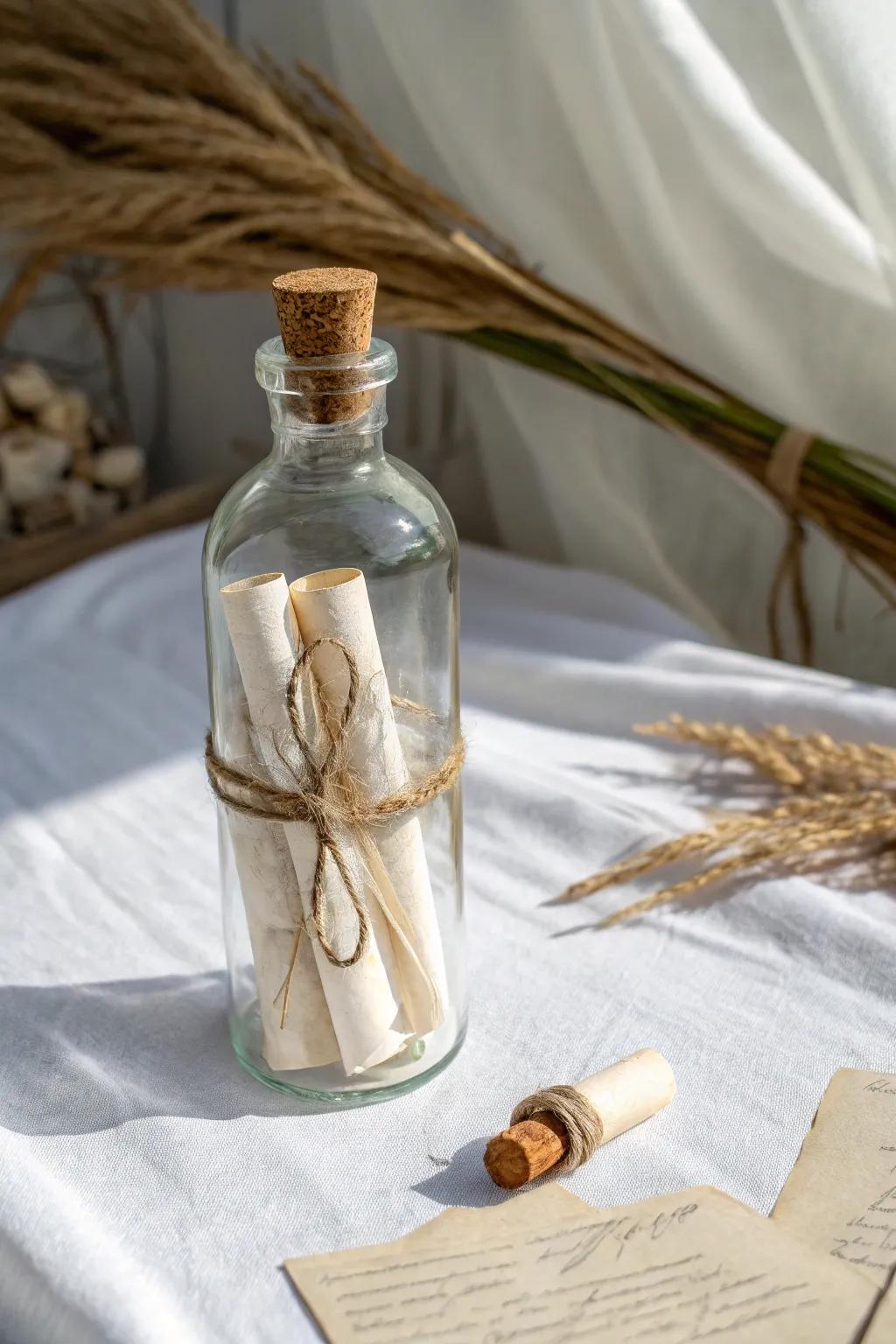 Capture your adventures: A minimalist take on the classic message in a bottle, filled with dreams and future explorations.