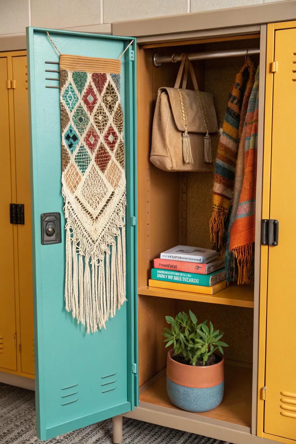 Transform your locker into a boho chic retreat with bold colors and natural elements for a touch of personal style!