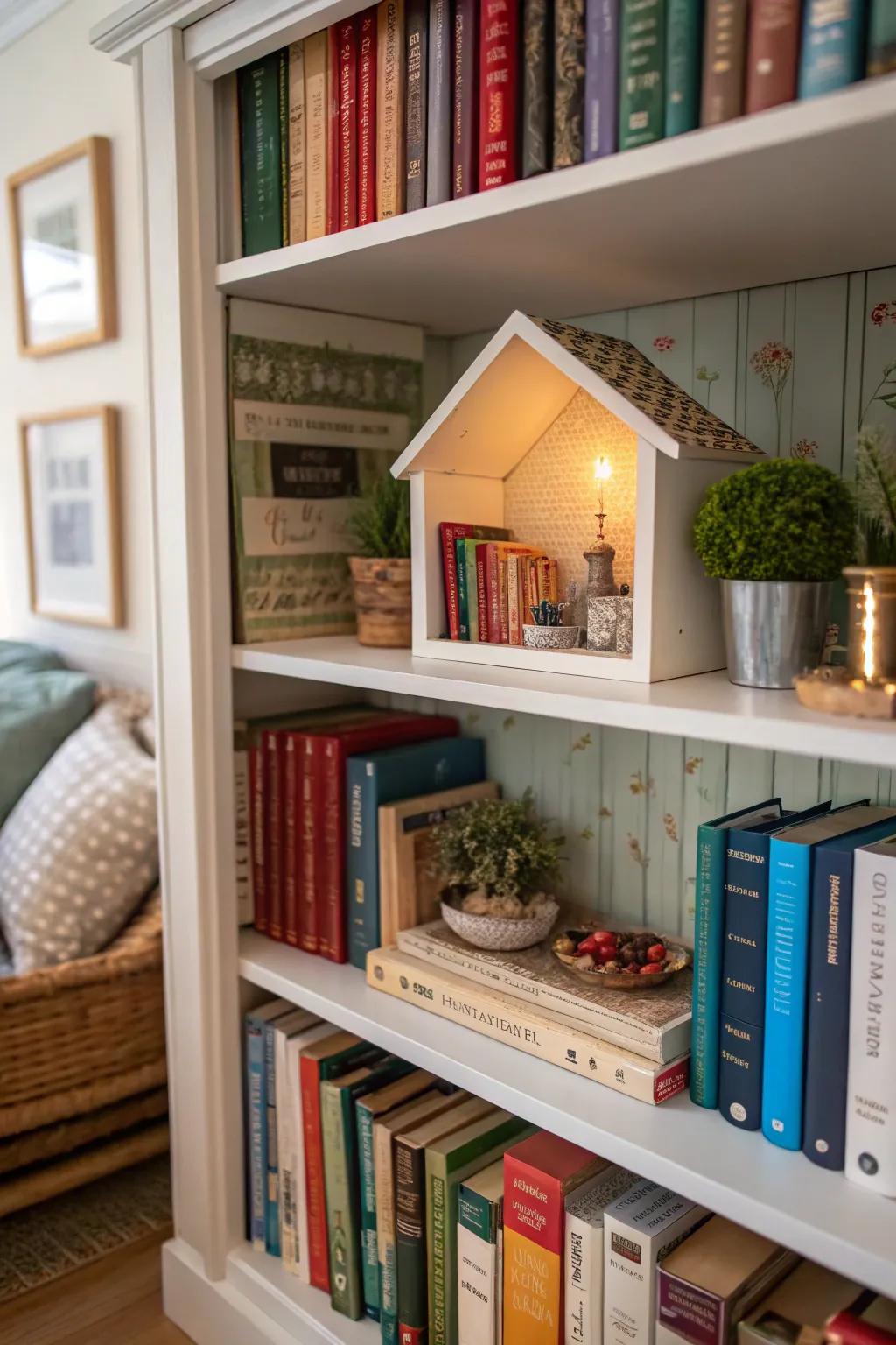 A book nook adds an element of surprise to any bookshelf.